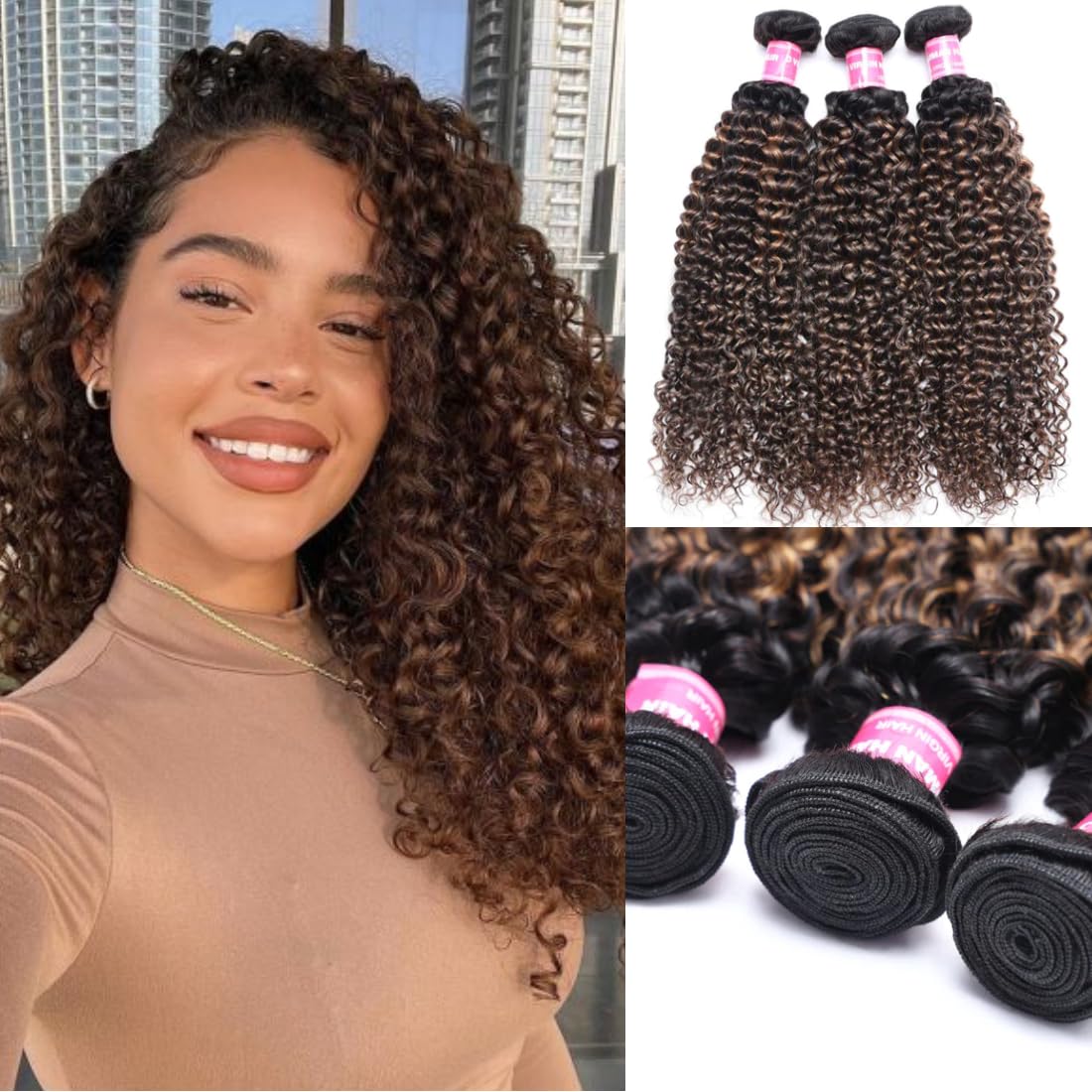 Sunber 12A Ombre Brown Curly Human Hair Extensions - 3 Bundles 100% Brazilian Virgin Jerry Curly Weave (10/12/14 Inch) - Two Tone FB30 Brown Highlight for Natural Look | Perfect for Daily Wear, Parties & Special Occasions