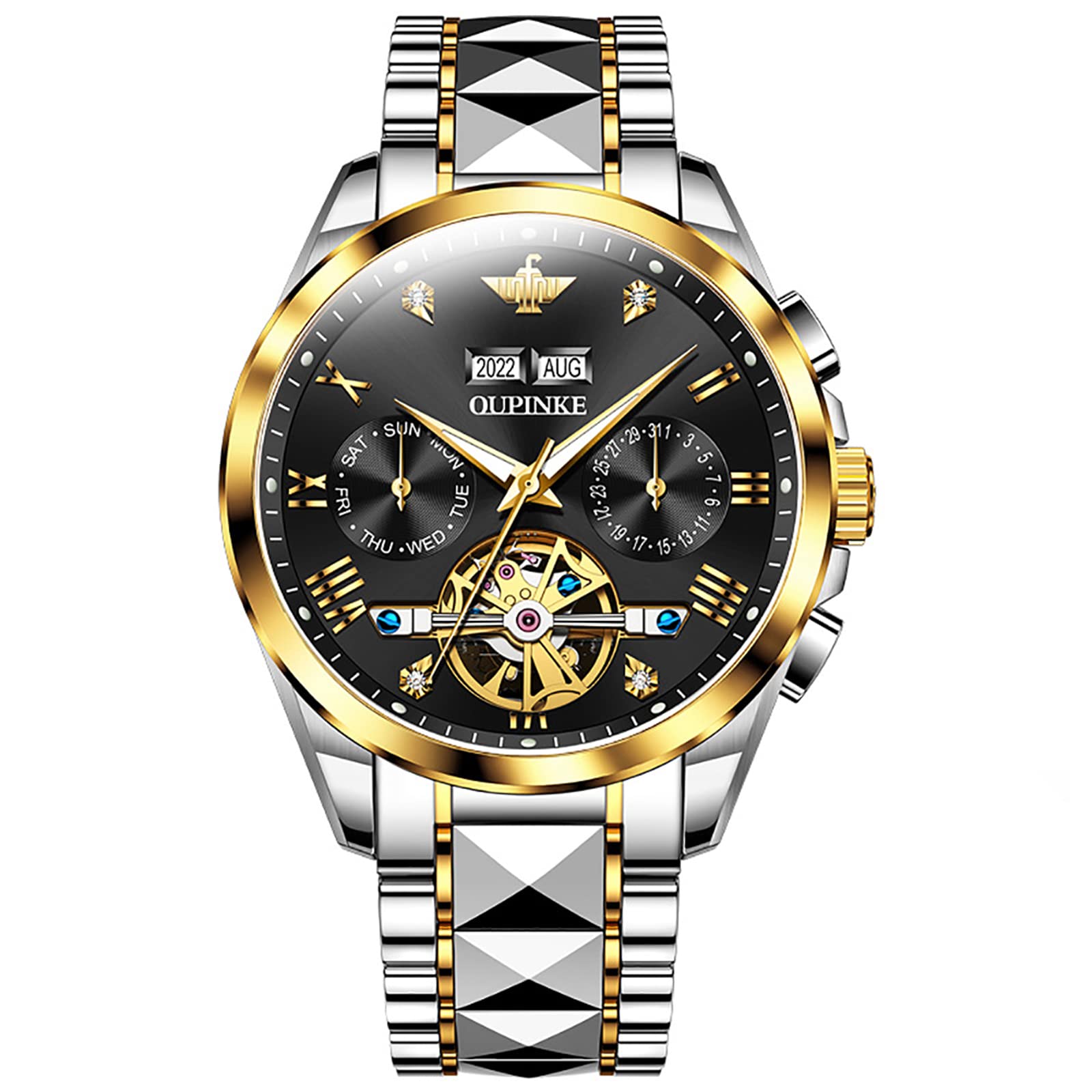 OUPINKE Men's Automatic Skeleton Mechanical Tourbillon Watch - Waterproof Business Chronograph with Stainless Steel Case & Luminous Hands - Day Date Year Display - Perfect for Formal Events, Office Wear & Gift Giving
