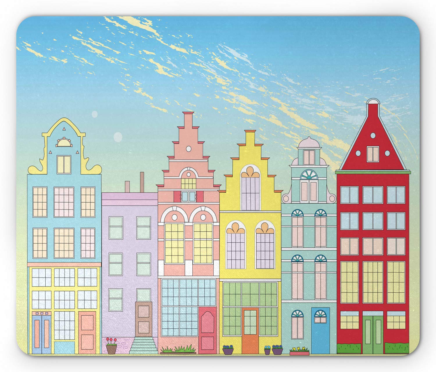 Ambesonne Amsterdam Mouse Pad - Vibrant Cartoon-Style Holland Houses Print, Non-Slip Rubber Base, Standard Size (Deep Sky Blue Multicolor) - Perfect for Office, Gaming & Home Computer Setup