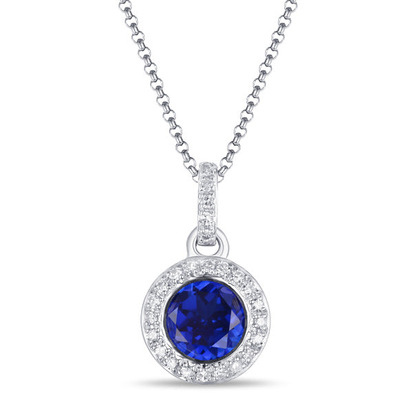 14K White Gold Sapphire & Diamond Halo Pendant Necklace for Women - Elegant Jewelry Gift for Anniversary, Birthday & Special Occasions