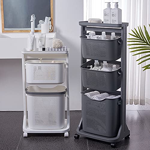 3-Tier Portable Rolling Cart with Top Shelf - Foldable Laundry Basket & Storage Organizer for Home, Office, Dorm | Space-Saving Utility Cart for Bedroom, Kitchen, Bathroom (Gray)