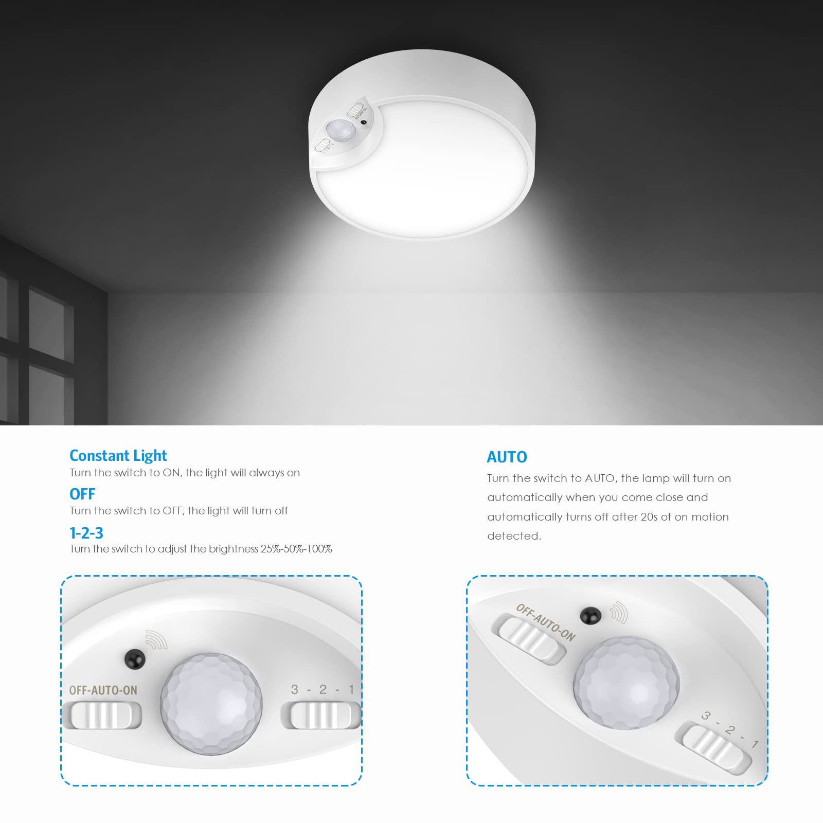 AMIR 7.48 Inch Motion Sensor Ceiling Light - Battery Operated LED Light (300LM) for Bedroom, Bathroom, Stairs, Hallway, Basement, Garage, Closet & Pantry - Energy Saving Automatic Light for Home & Storage Rooms