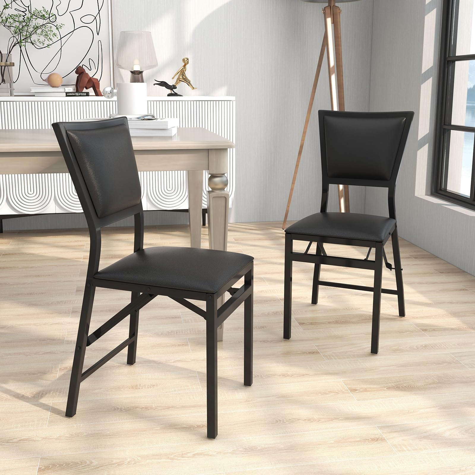 Giantex Folding Chairs Set of 2 - Padded Dining Chairs with Sturdy Metal Frame & Floor Protectors | Space Saving Foldable Design for Small Apartments, Parties, Events & Extra Guests | Black Home & Office Seating Solution