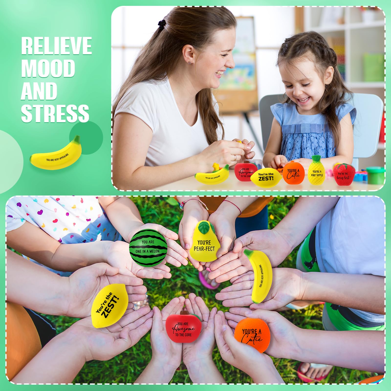 Outus 24-Piece Bulk Fruit Stress Balls Set - Inspirational Squeeze Toys for Office, Graduation Party Favors (Watermelon, Veggie Shapes) - Perfect for Coworkers, Employees & Stress Relief at Work or School