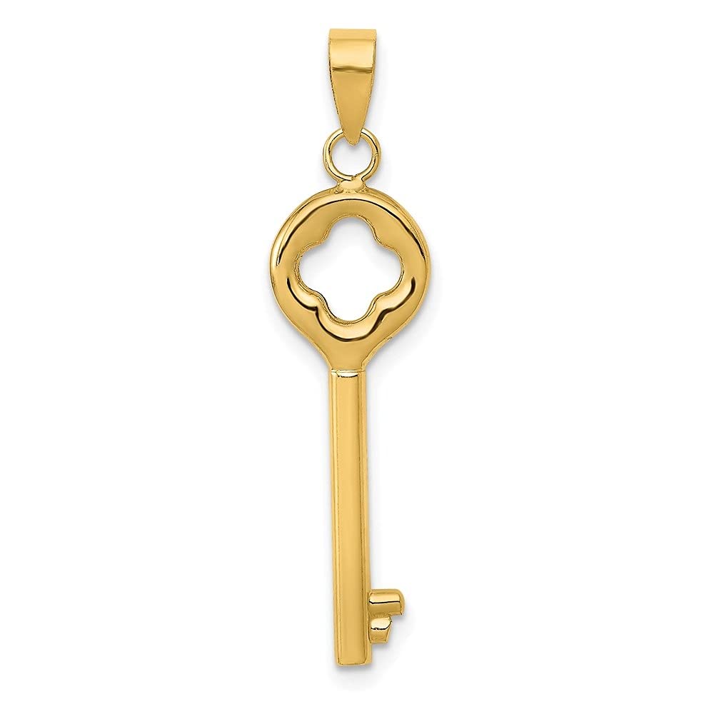 14K Yellow Gold Clover Top Puff Round Key Pendant Necklace for Women - Elegant Fine Jewelry Gift (34mm Length, 9mm Width) | Perfect for Birthday, Anniversary & Everyday Wear