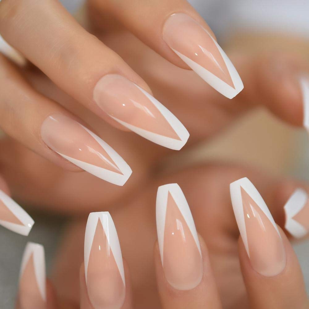 HUIL White French Ballerina Fake Nails - Natural Nude Glossy Coffin False Nail Tips with Free Adhesive Tapes for Salon, Party & Special Occasions | Easy DIY Manicure at Home