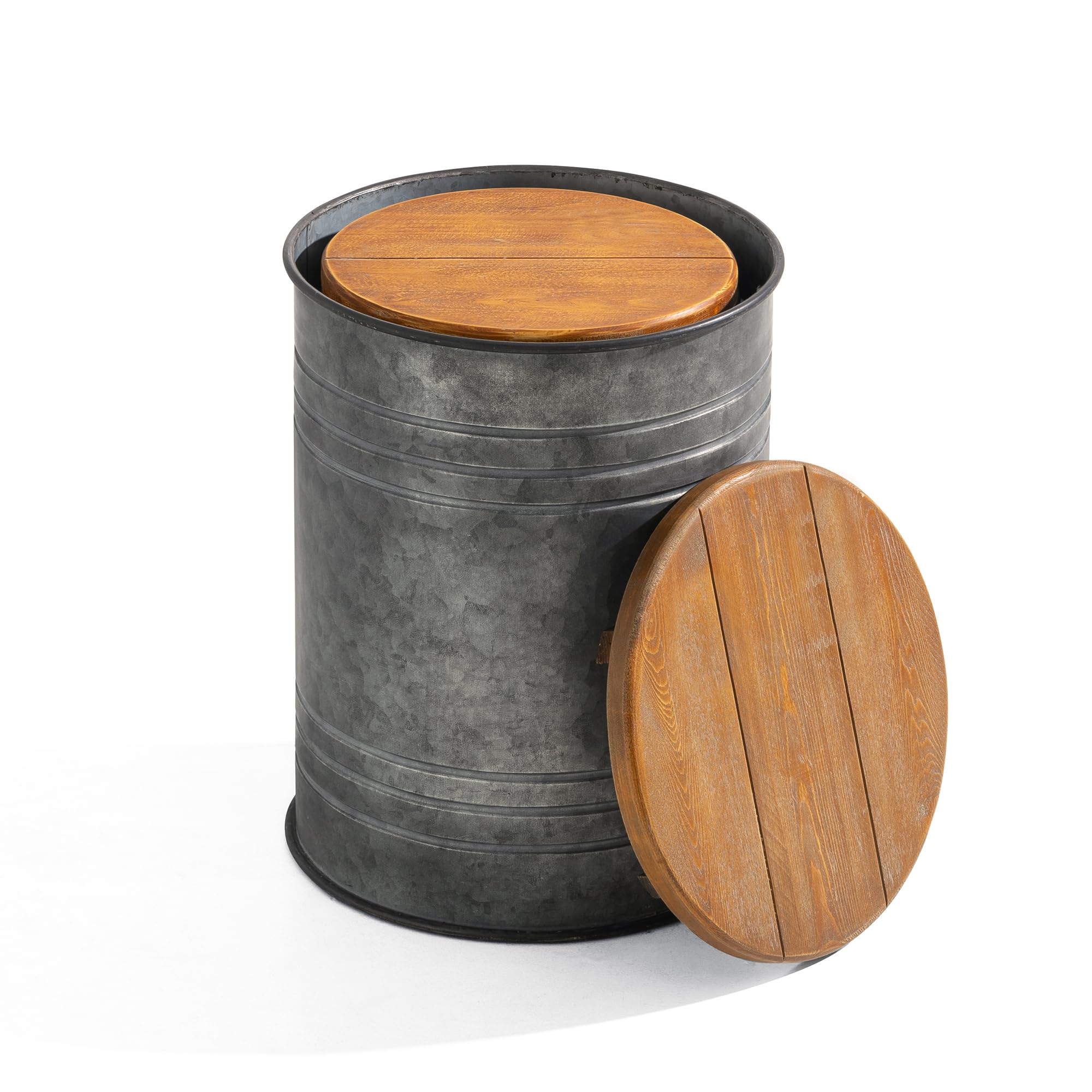 Glitzhome 2-Piece Farmhouse Nesting Tables with Storage Lids - Rustic Metal Barrel Side Tables for Living Room, Bedroom, Office - Grey | Space-Saving End Tables for Small Spaces & Home Decor