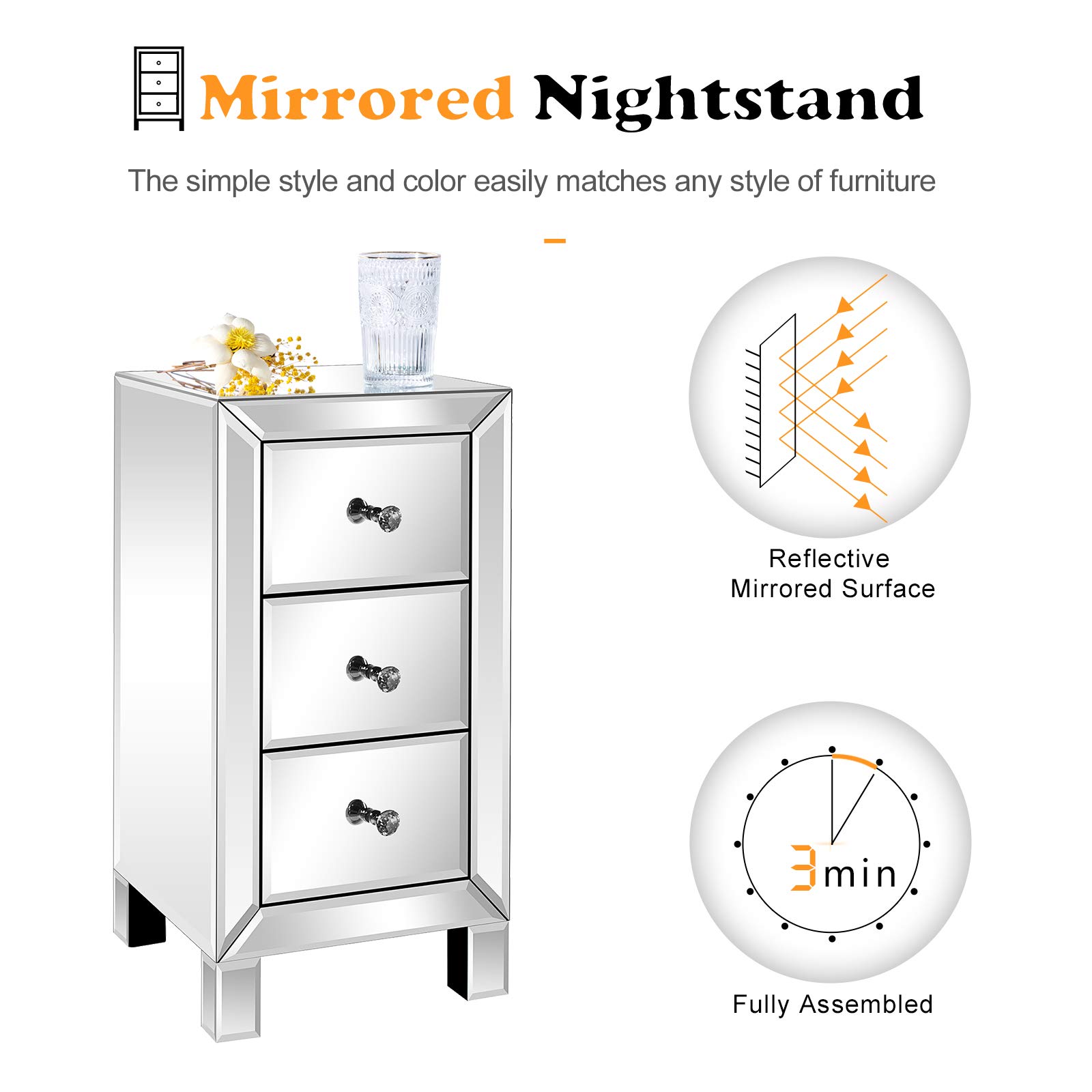 Bonnlo 3-Drawer Mirrored Nightstand - Silver Bedside Table with Storage for Bedroom & Living Room, 11.7