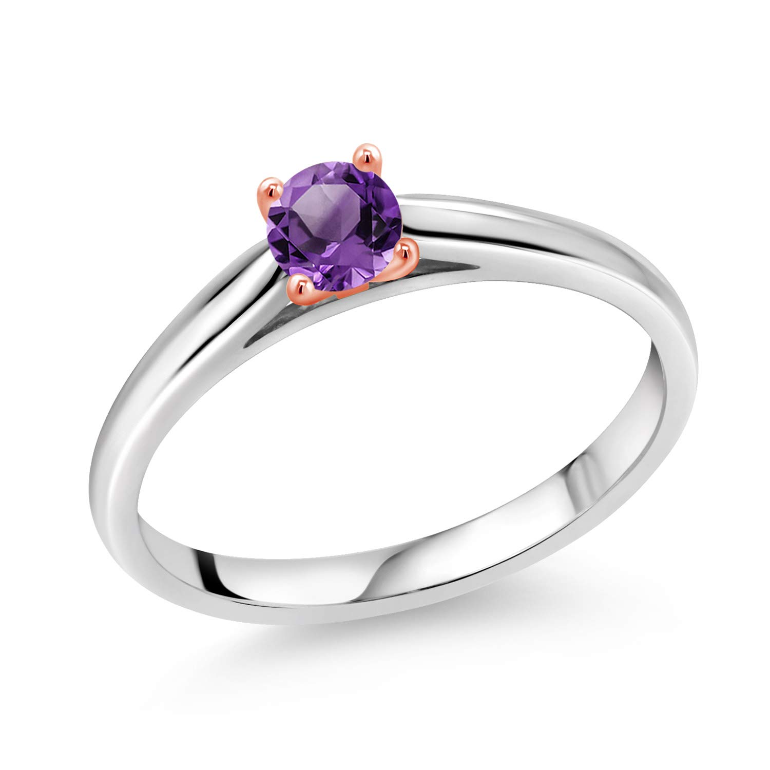 0.25 Ct Round Purple Amethyst 10K White Gold Ring with Rose Gold Prongs - Gem Stone King | Elegant Jewelry for Women, Perfect for Weddings, Anniversaries & Special Occasions