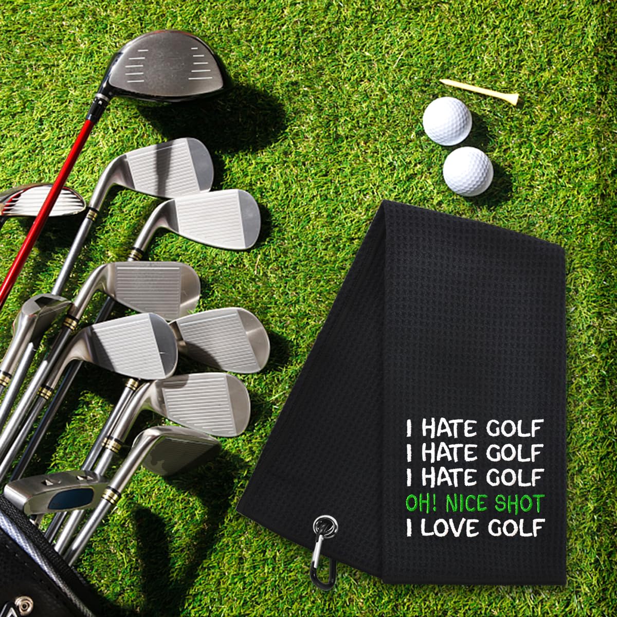 Premium Embroidered Golf Towel - Funny 'I Hate Golf Oh Nice Shot I Love Golf' Design - Perfect Golf Accessories for Men & Women - Ideal Golf Gift for Dad, Grandpa & Golf Lovers - Great for Courses, Tournaments & Retirement Gifts
