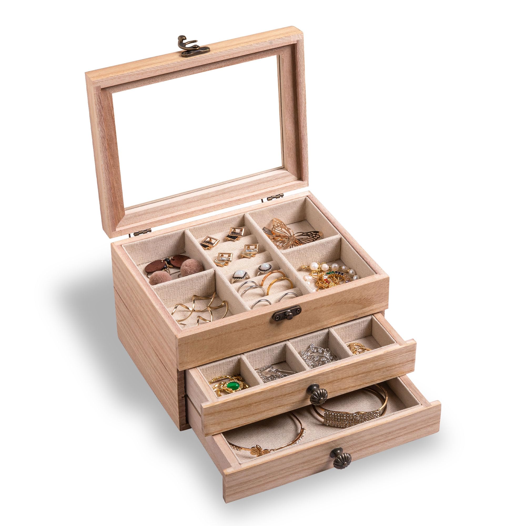 Frebeauty 3-Layer Vintage Wooden Jewelry Box with Clear Lid - Rustic Jewelry Organizer for Rings, Bracelets & Brooches | Jewelry Storage Case for Bedroom, Dresser & Travel (Burlywood)