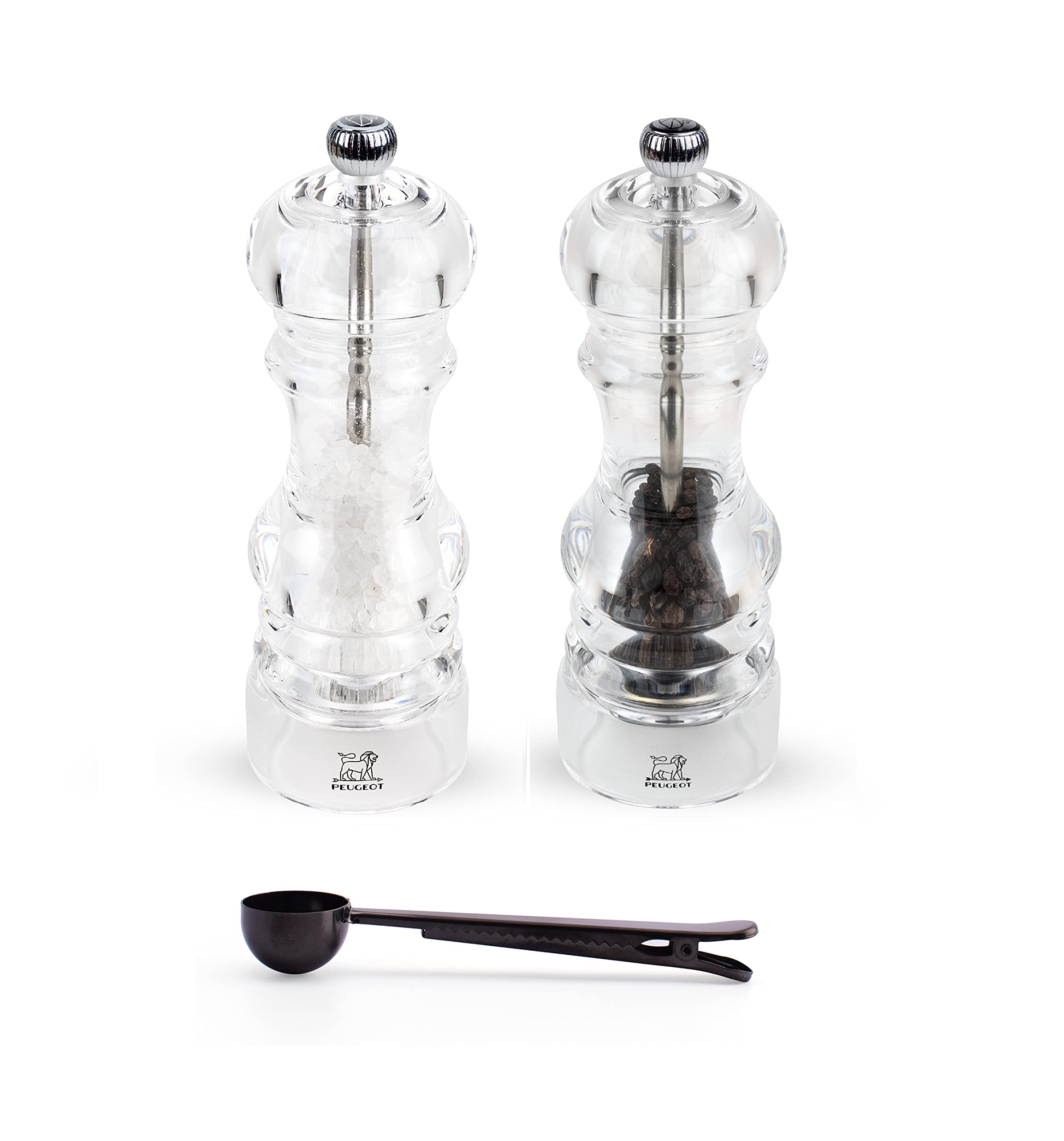 Peugeot Nancy 7 Inch Acrylic Salt and Pepper Mill Set with Stainless Steel Spice Scoop & Bag Clip - Perfect for Kitchen, Dining Table & Gourmet Cooking Gifts