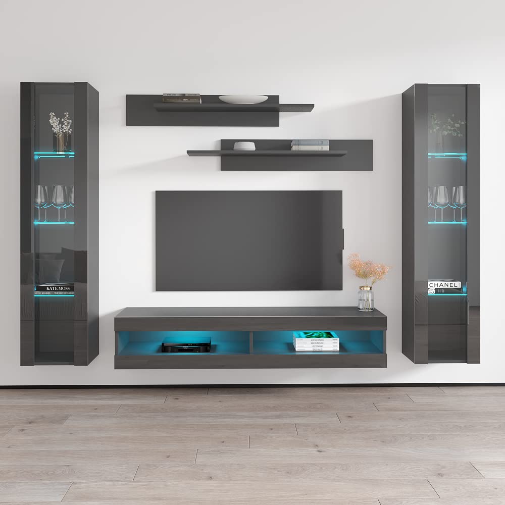 Modern Floating TV Stand with Storage & LED Lights - Wall-Mounted Entertainment Center for Bedroom & Living Room - Grey Meble Furniture Fly AB3 34