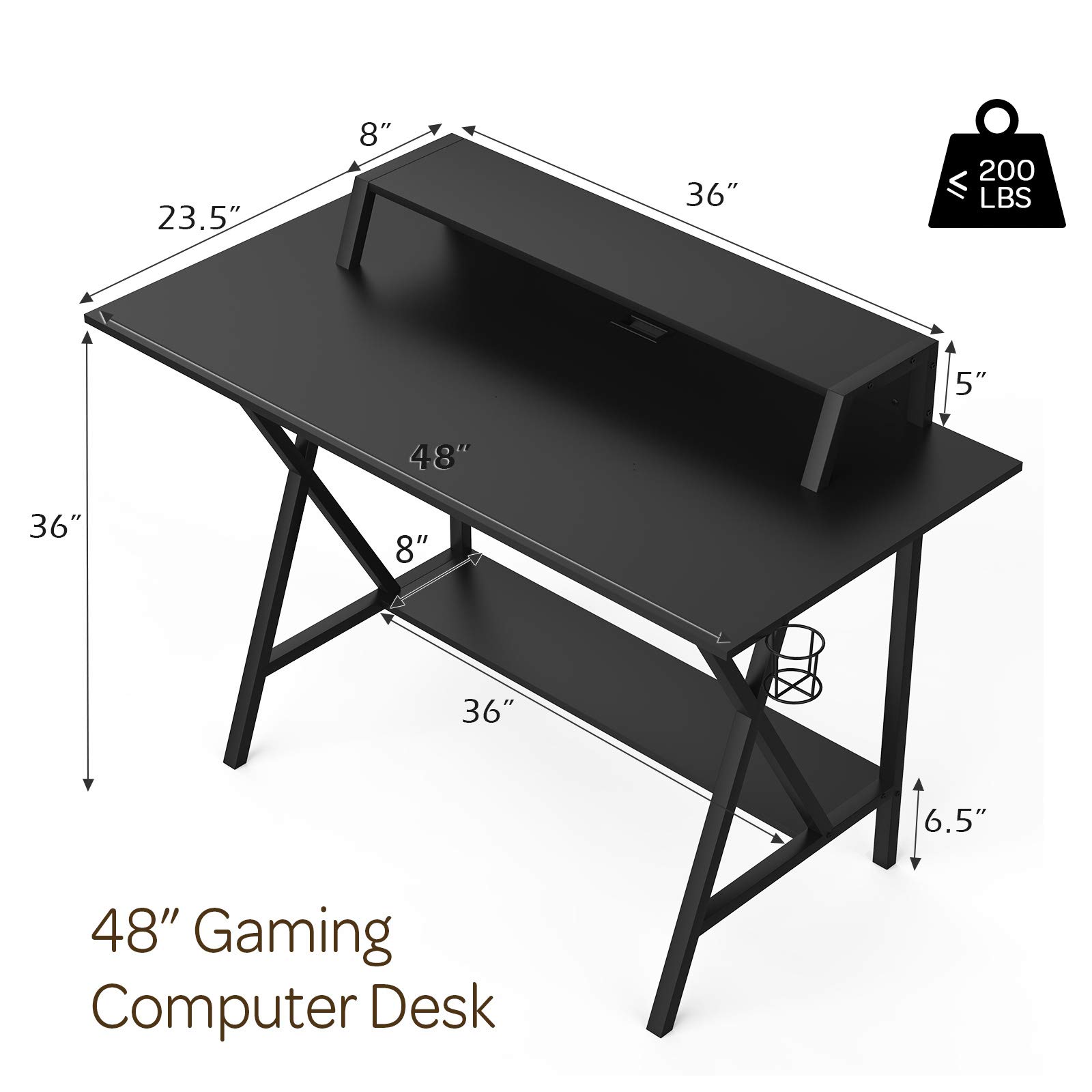 PowerStone 48 Inch Gaming Desk with Carbon Fiber Surface - Ergonomic Computer Desk for Gaming & Office Work - Includes Monitor Stand, USB Power Strip, Cup Holder & Headphone Hook - Perfect for PC Gamers & Home Office Setup (Black)