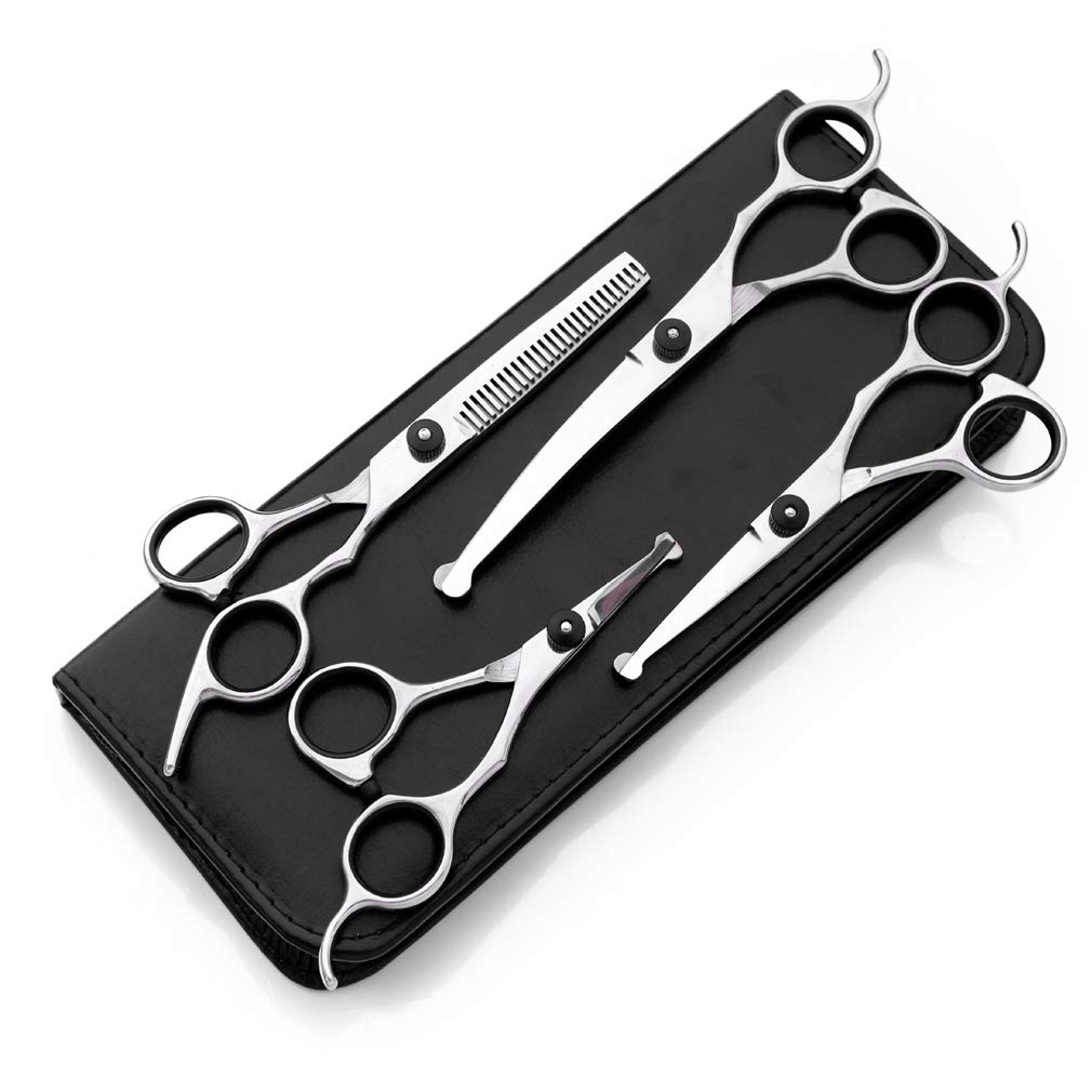Premium Stainless Steel Pet Grooming Scissors Set - 4 Piece Professional Dog & Cat Hair Cutting Kit with Straight, Thinning, Curved Shears for Precise Trimming | Perfect for Home Grooming, Pet Salons & Professional Stylists