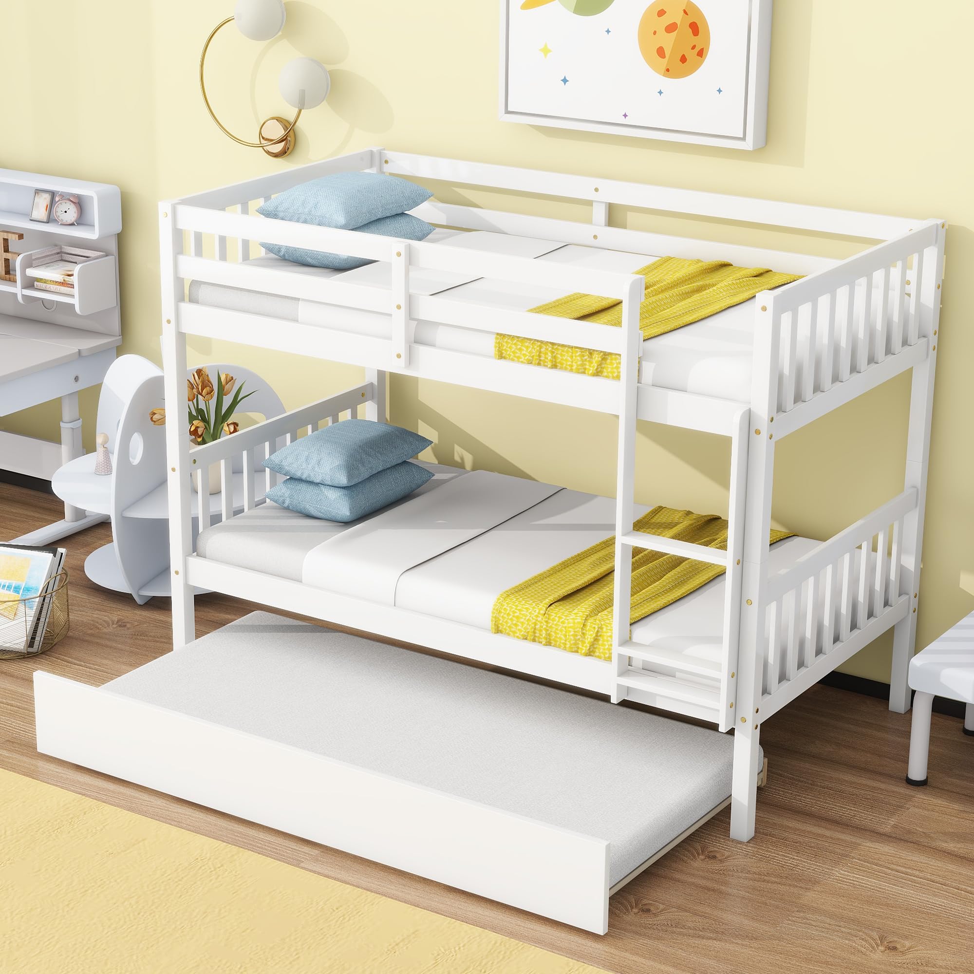 **Twin Over Twin Bunk Bed with Trundle - White Wooden Bunk Beds for Kids & Teens - Space-Saving Bedroom Furniture for Small Rooms & Sleepovers**