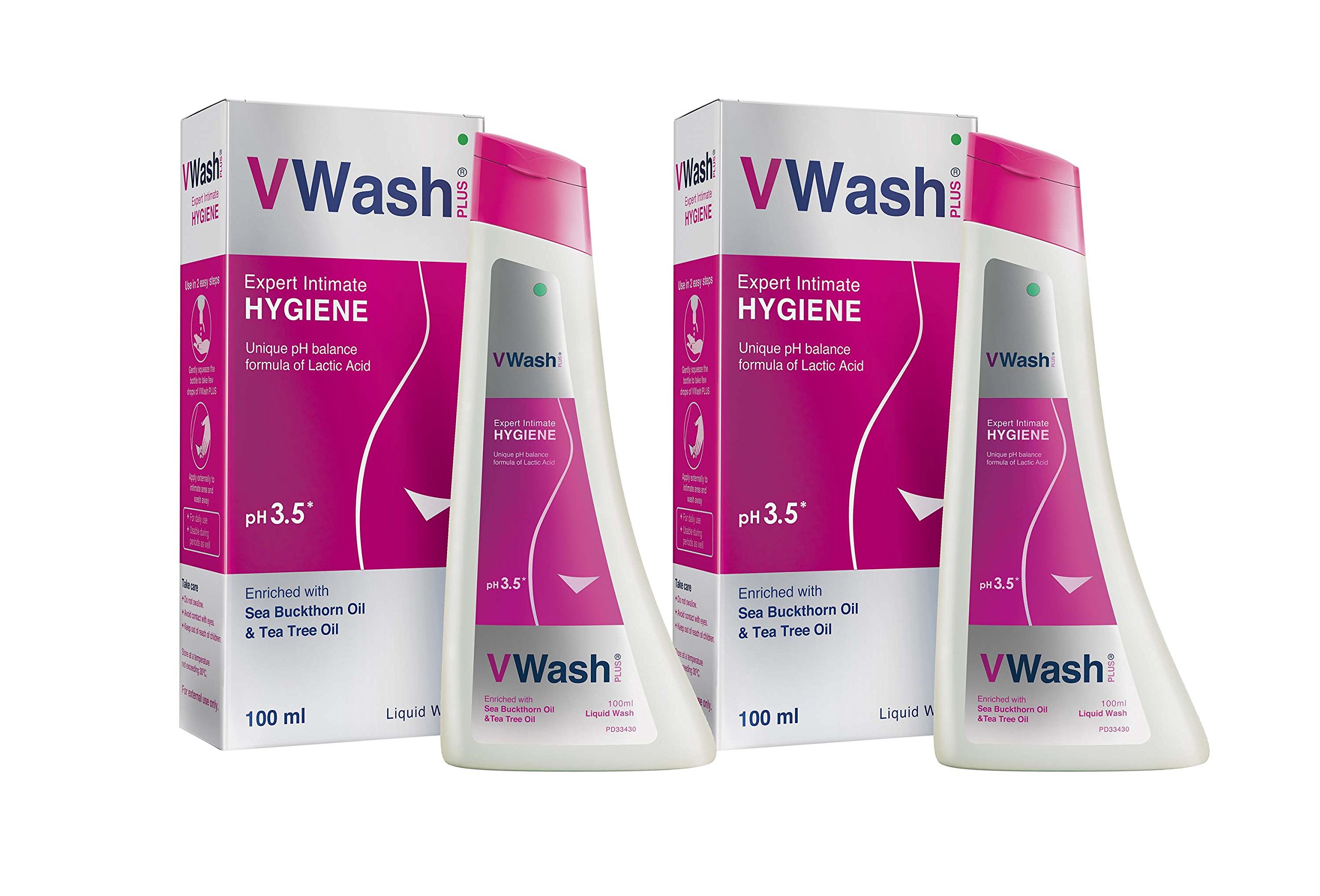 VWash Plus Intimate Hygiene Wash for Women - 100ml (Pack of 2) | pH Balanced Feminine Wash | Gentle Cleansing for Daily Use & Post-Workout Freshness