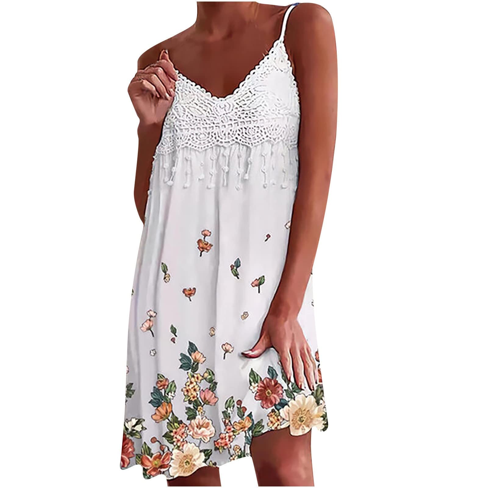 Women's Sleeveless V-Neck Printed Maxi Sundress - Flowy Summer Panel Sling Dress with Lace Detail for Beach, Vacation & Casual Outings