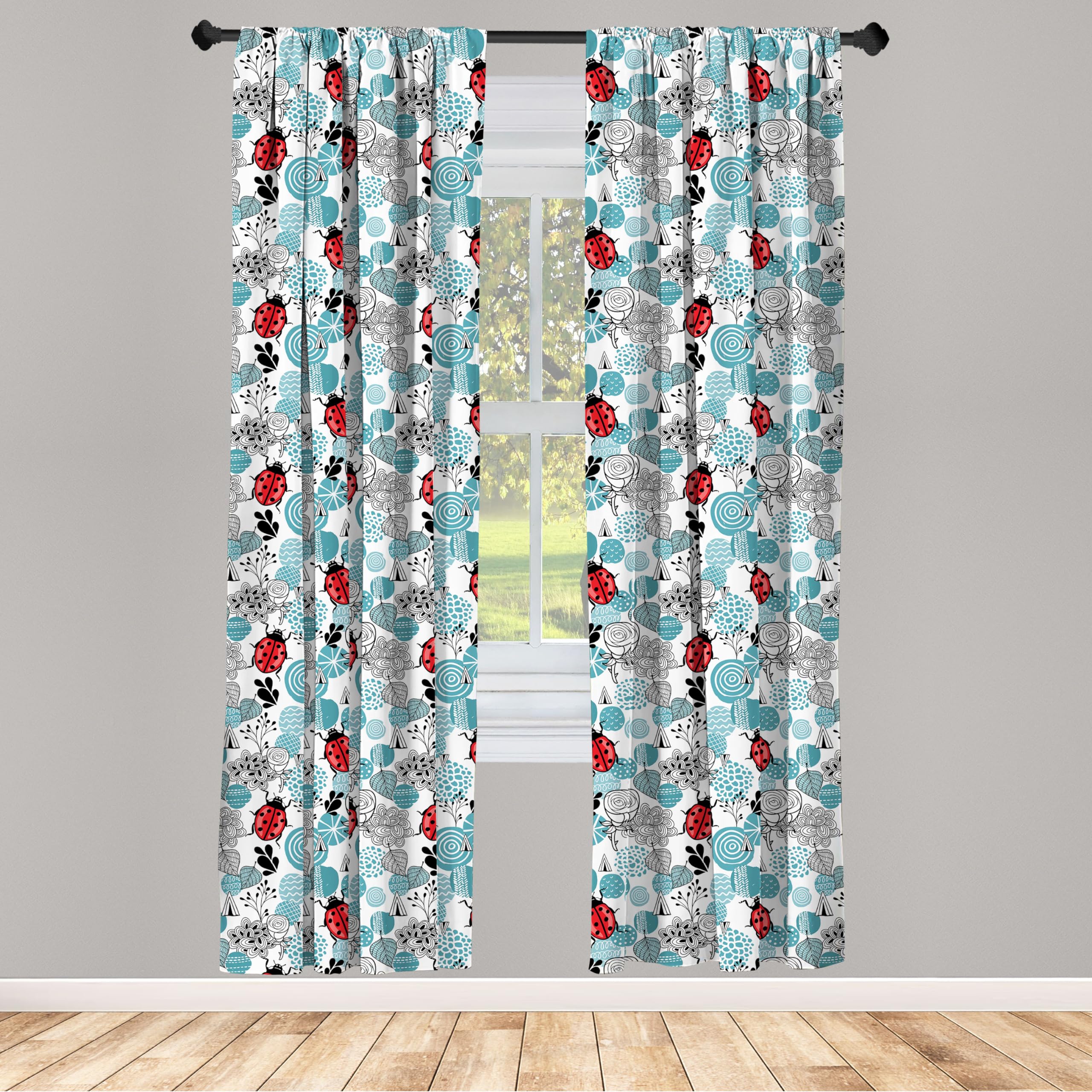 Ambesonne Ladybugs Window Curtains Set of 2 - Romantic Floral Rose & Abstract Doodle Style Bug Design - Lightweight Rod Pocket Curtain Panels 28x63 Inches - Pale Blue Red Black - Perfect for Bedroom, Living Room & Nursery Decor