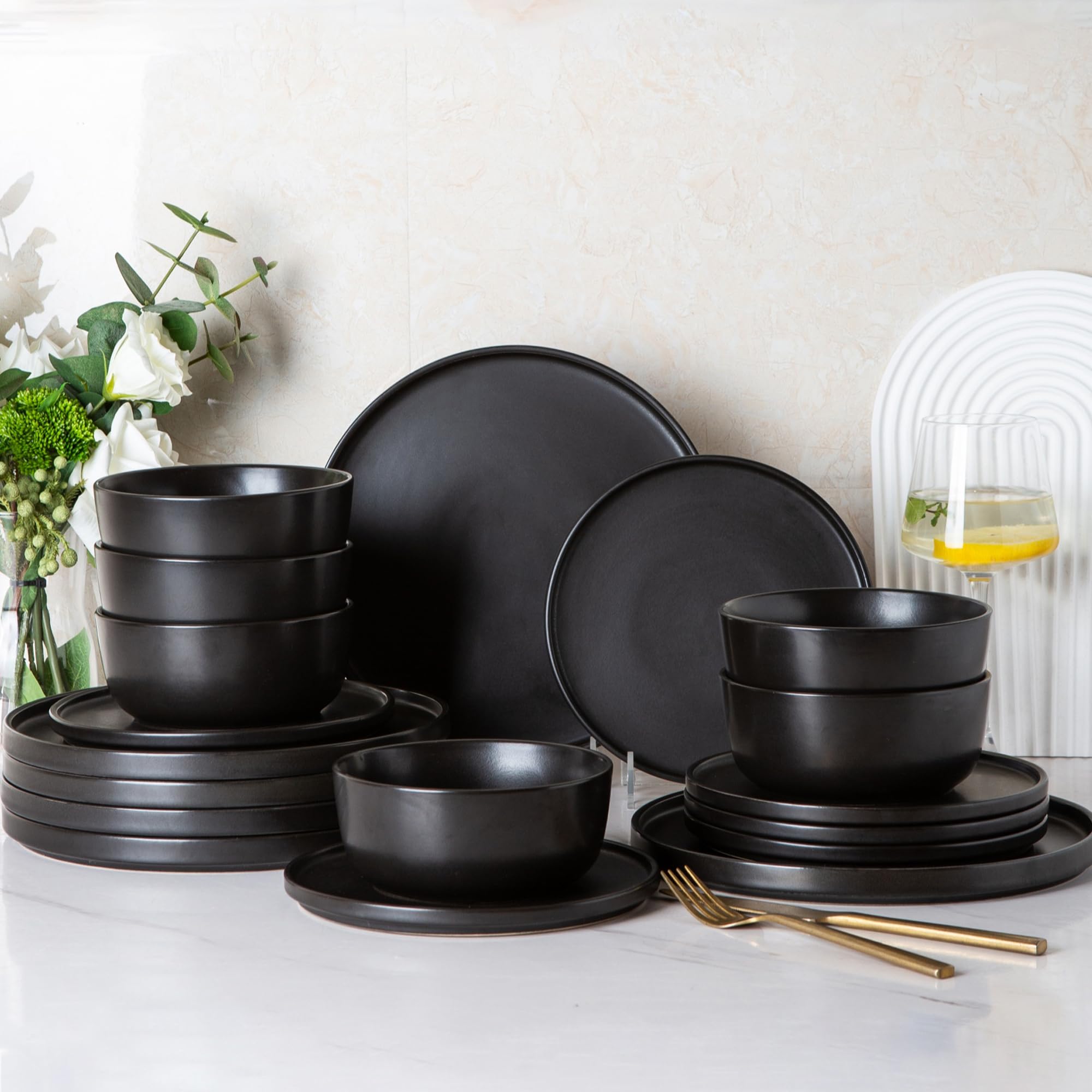 AmorArc 18pc Stoneware Dinnerware Set for 6 - Chip Resistant Plates & Bowls | Dishwasher Safe | Perfect for Family Dining