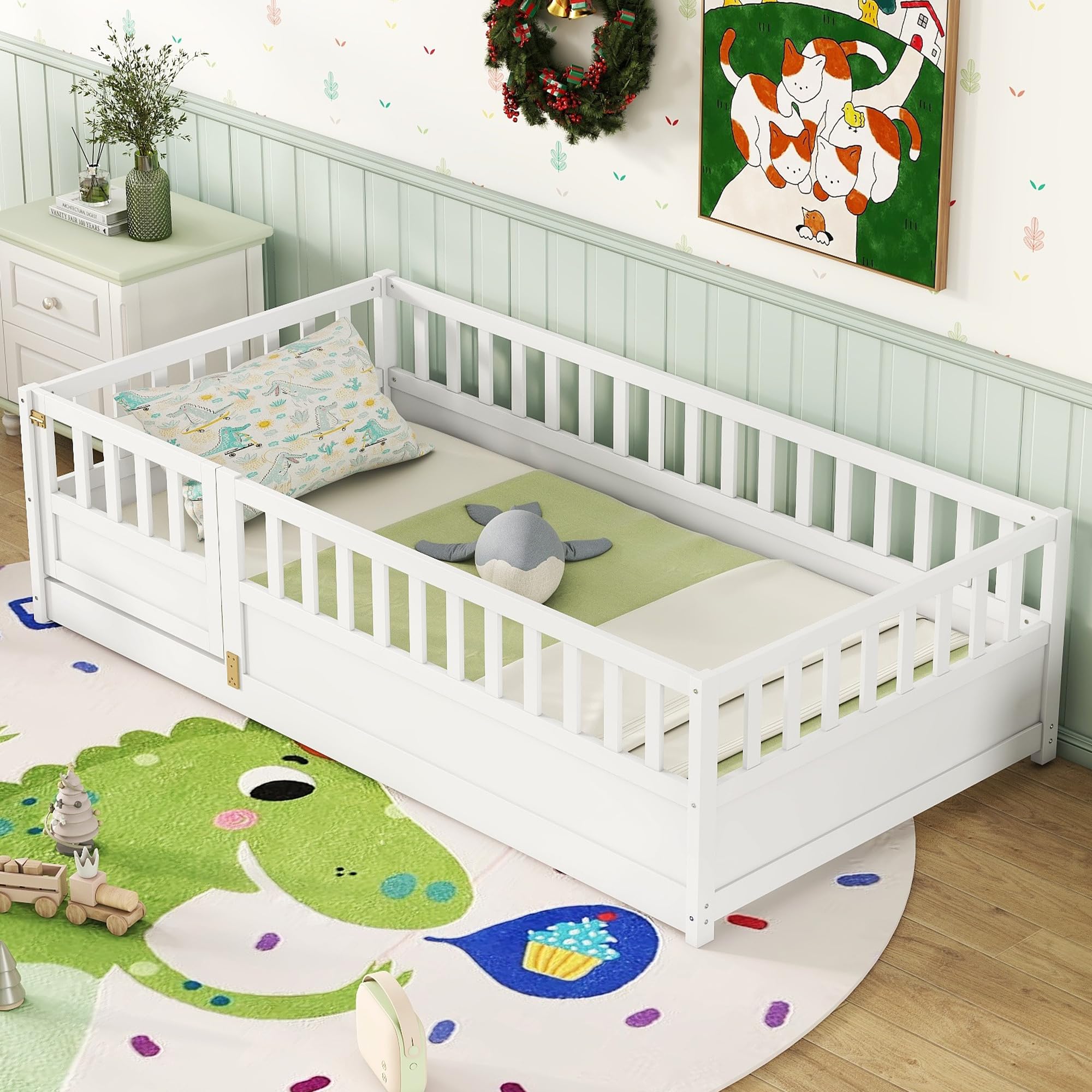 Montessori Twin Floor Bed with High Safety Rails & Door Design - Solid Wood Kids Bed Frame with Slats for Boys & Girls - White - Perfect for Toddler Rooms & Montessori Bedrooms