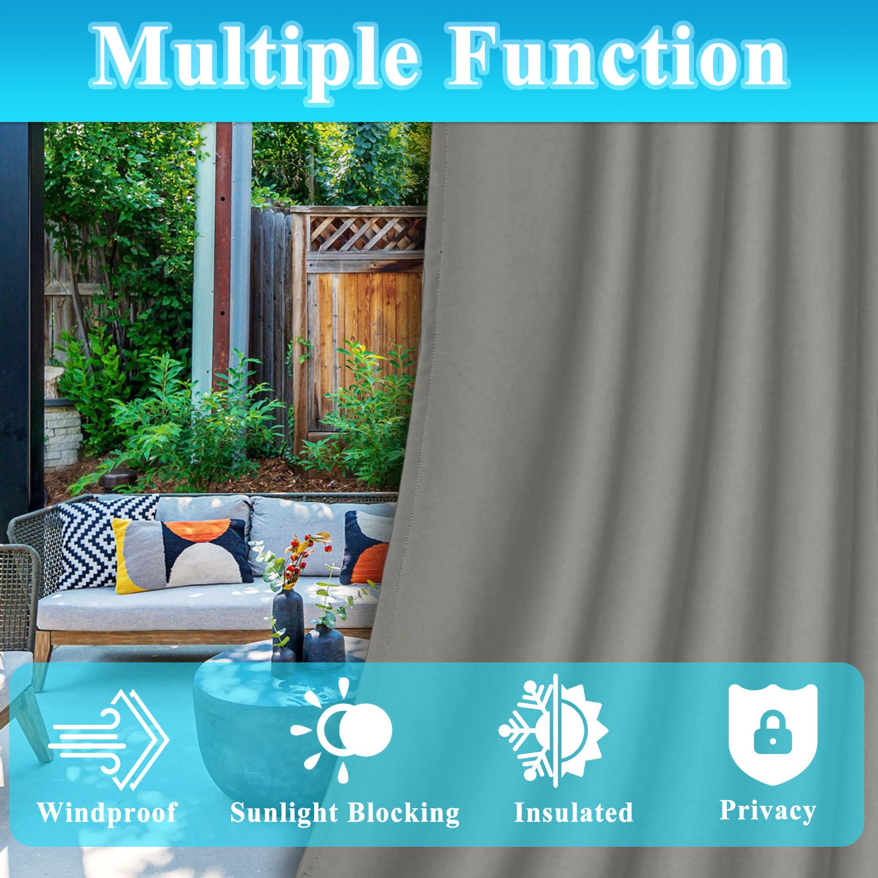 Frement Extra Wide Outdoor Curtains - Windproof & Privacy Protection - Rustproof Grommet Drapes for Gazebo, Pergola, Patio - Indoor/Outdoor Use - Grey (150