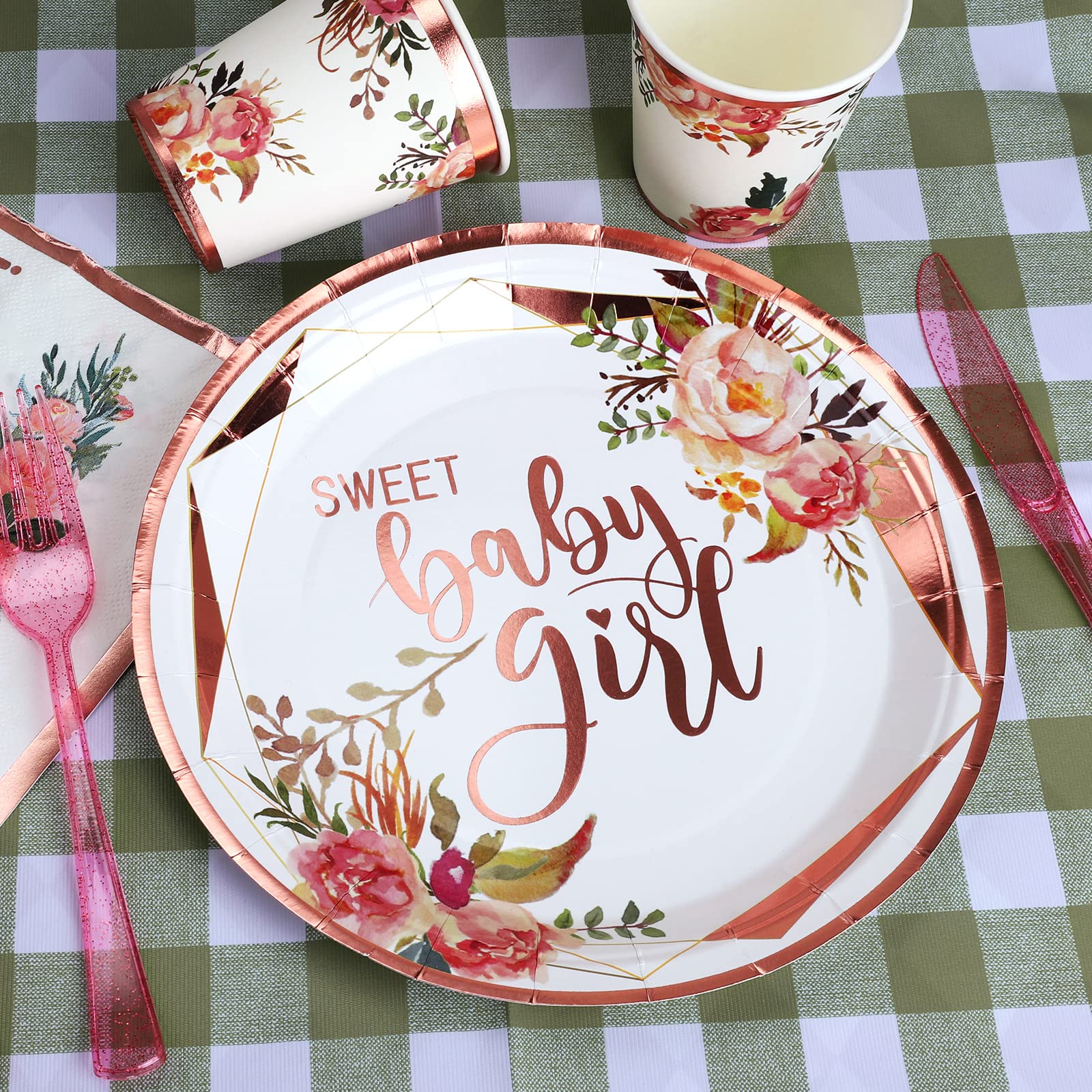 175PCS Rose Gold Baby Shower Disposable Dinnerware Set for Girls - Elegant Party Plates, Cups & Cutlery for 25 Guests | Perfect for Birthday Celebrations, Bridal Showers & Special Events