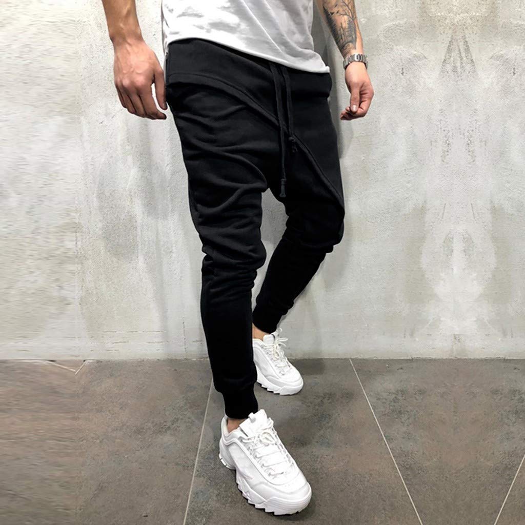 FIN86 Multi-Pocket Casual Pants for Men - Spring Winter Joggers with Drawstring, Solid Patchwork Sweatpants (XL, Black) - Perfect for Gym, Lounge & Outdoor Activities