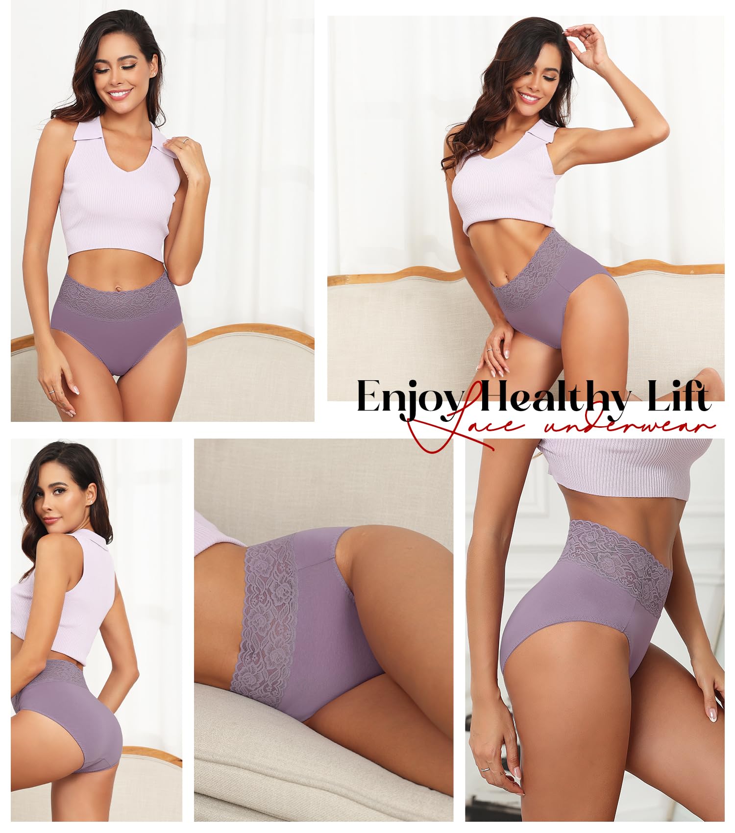 Wealurre Women's Cotton Bikini Panties - High Waisted Lace Hipster Underwear Stretch Briefs 5-Pack - Comfortable Everyday Wear for Work, Sleep & Lounge