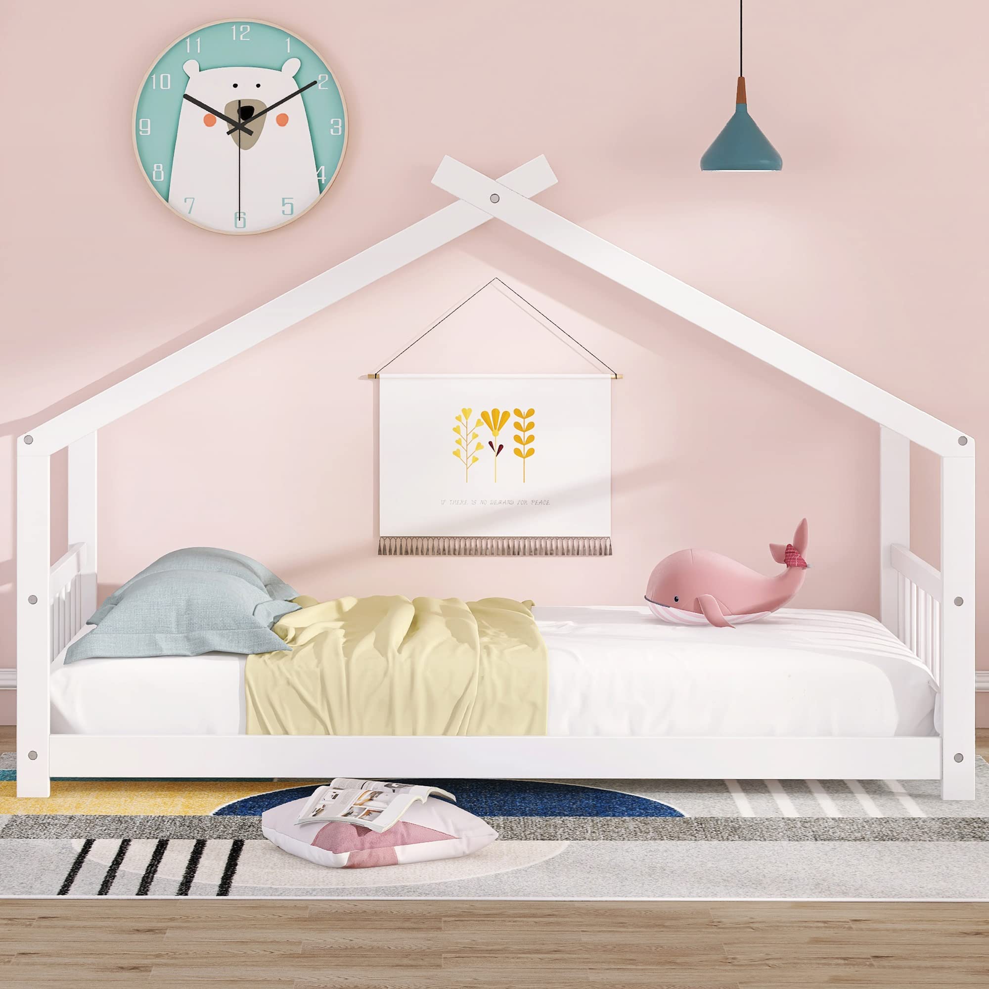 P PURLOVE Twin House Bed Frame for Kids - Wooden Canopy Bed for Girls & Boys - No Box Spring Needed with Sturdy Wood Slat Support - White Roof Design - Perfect for Bedroom, Playroom & Nursery Decor
