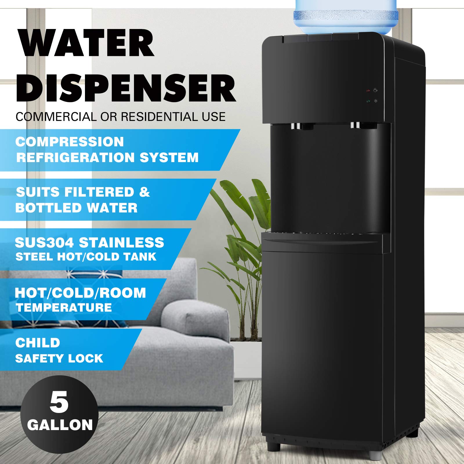 5 Gallon Top Load Water Cooler Dispenser - Hot & Cold Water Dispenser with Child Safety Lock, Energy Saving Freestanding Design for Home, Office, Kitchen or Dorm Room - Black (Ideal for Hydration, Parties & Workplace)