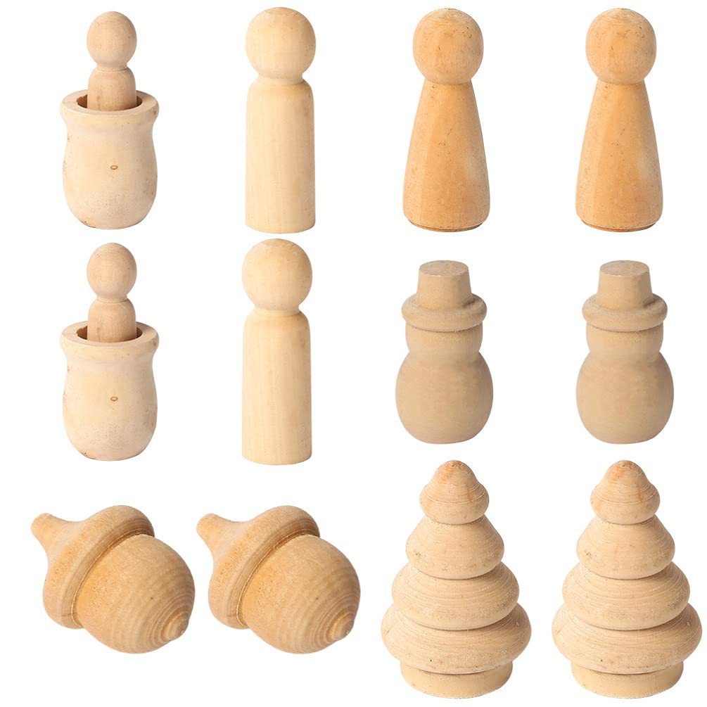 12Pcs Unfinished Wooden Peg Dolls for DIY Crafts - Christmas Decorations & Gifts