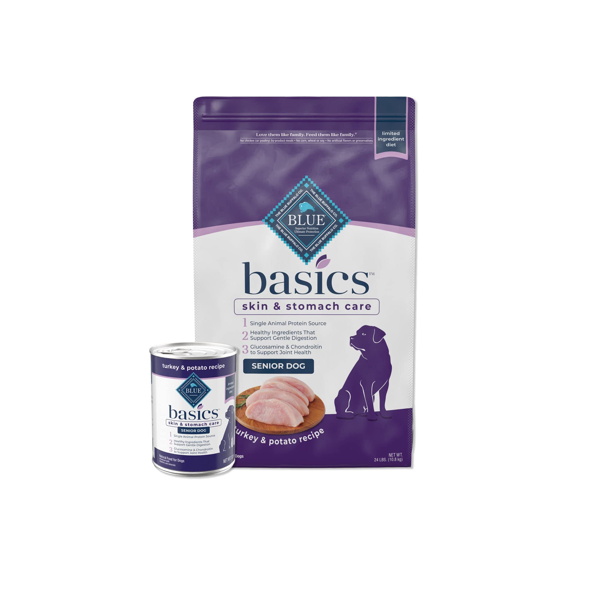 Blue Buffalo Basics Limited Ingredient Diet Natural Senior Dog Food Bundle - Grain Free Dry & Wet Dog Food for Sensitive Stomachs, Turkey Recipe (24-lb Dry Bag + 12 Pack of 12.5oz Cans) - Perfect for Senior Dogs with Allergies or Digestive Issues