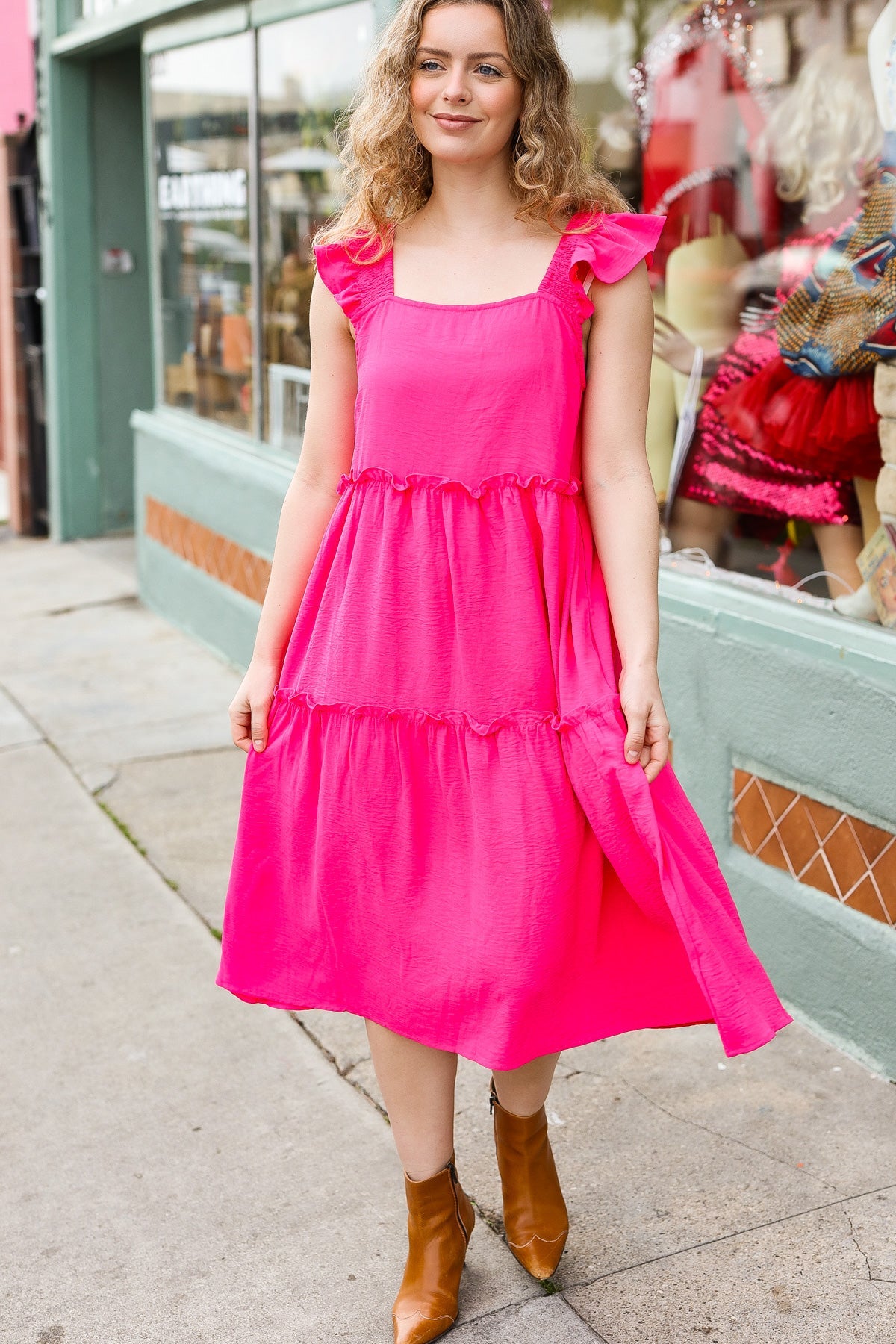 Fuchsia Smocked Flutter Sleeve Tiered Midi Dress for Women - Elegant Summer Casual & Wedding Guest Outfit