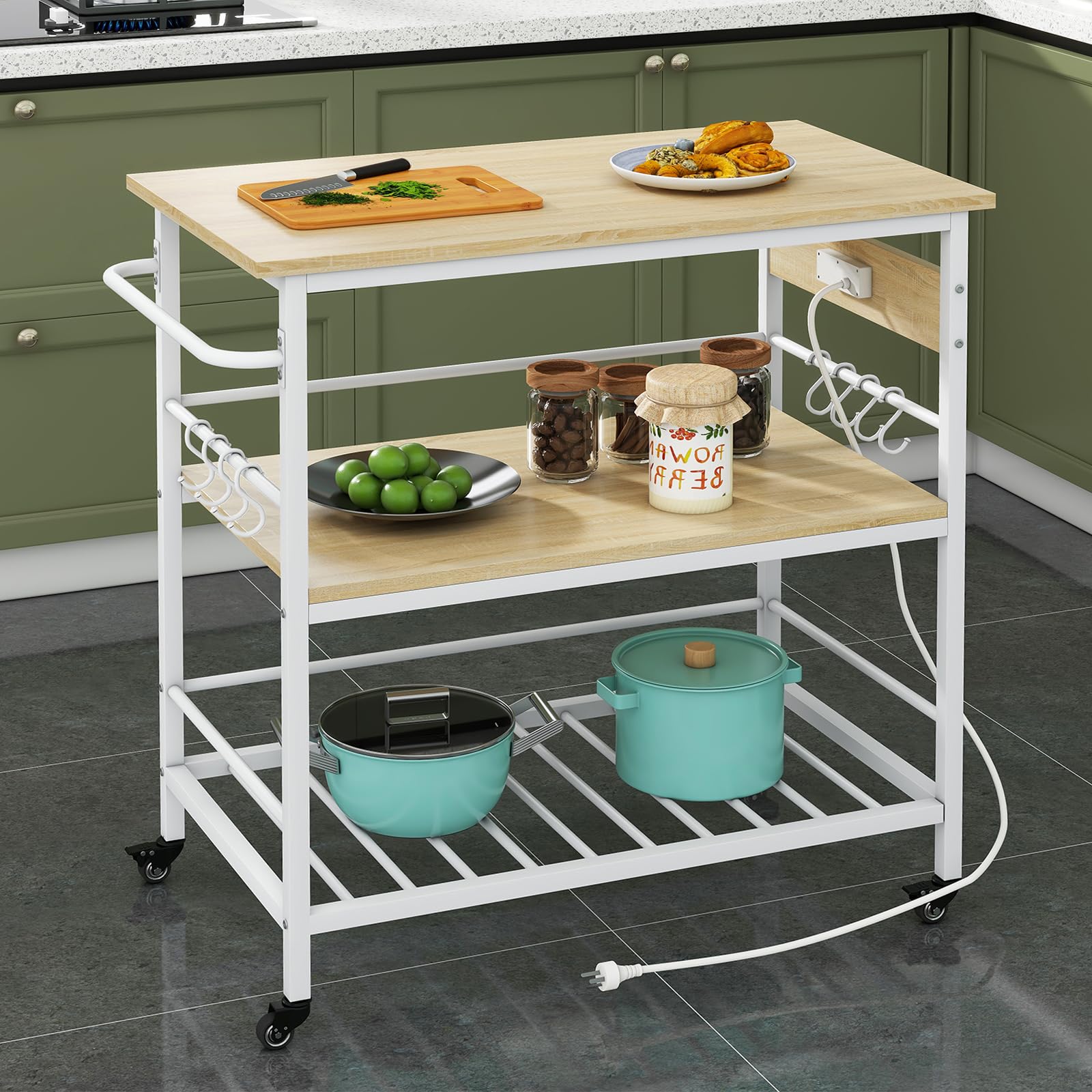 IBUYKE Kitchen Island with 3 Shelves & Power Outlet - Rolling Kitchen Cart with Large Worktop, Mobile Bar Table for Home, Outdoor & Commercial Use - Perfect for Food Prep, Entertaining & Small Space Storage