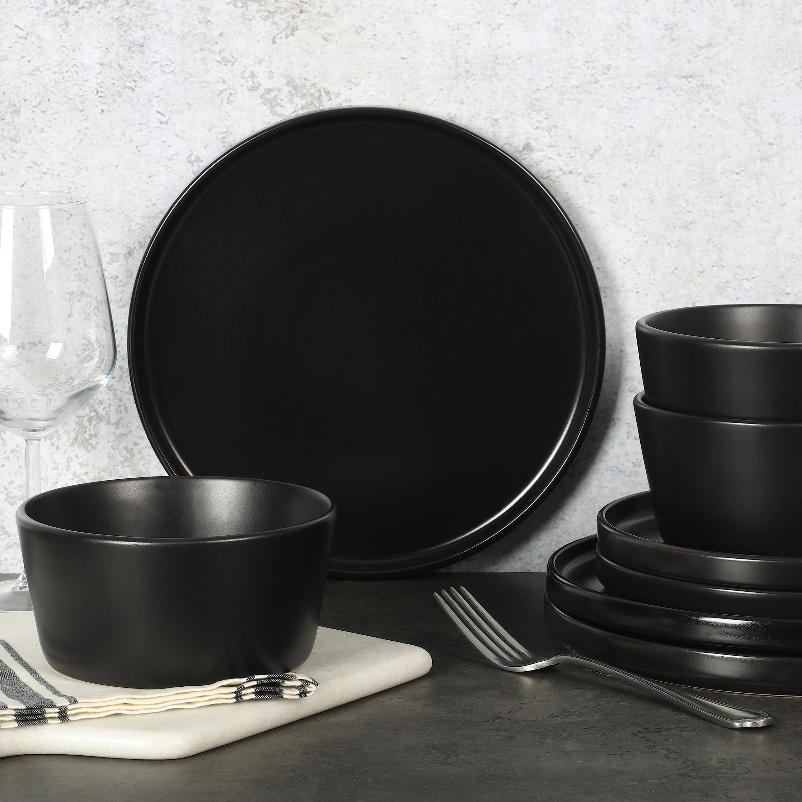 Premium Gibson Soho Lounge Bowery 32-Piece Matte Black Stoneware Dinnerware Set - Plates, Bowls & Mugs for 8 People - Elegant Tableware for Dining, Entertaining & Everyday Use