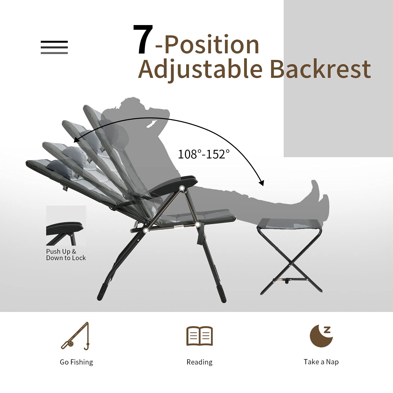 Giantex 2-Pack Patio Dining Chairs with Footstools - Foldable Recliner Chairs with 7-Position Adjustable Backrest & Headrest, Includes Mesh Storage Bag - Portable Outdoor Lounge Chairs for Pool, Backyard, Beach, Camping (Grey)
