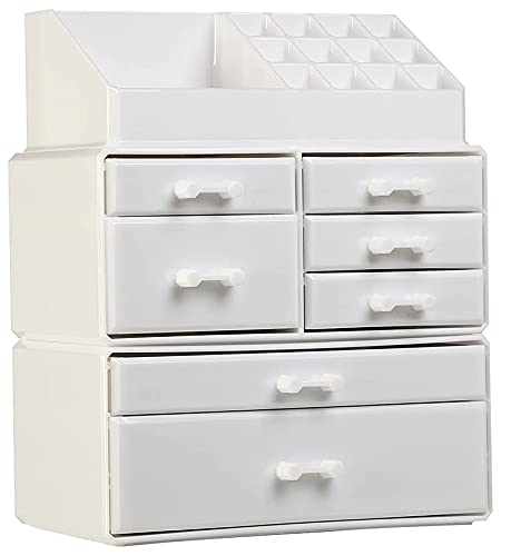 3-Piece Stackable Acrylic Makeup Organizer with 7 Drawers - White Cosmetic & Skincare Storage Stand for Vanity, Bathroom Countertop - Perfect for Organizing Lipsticks, Brushes & Beauty Products