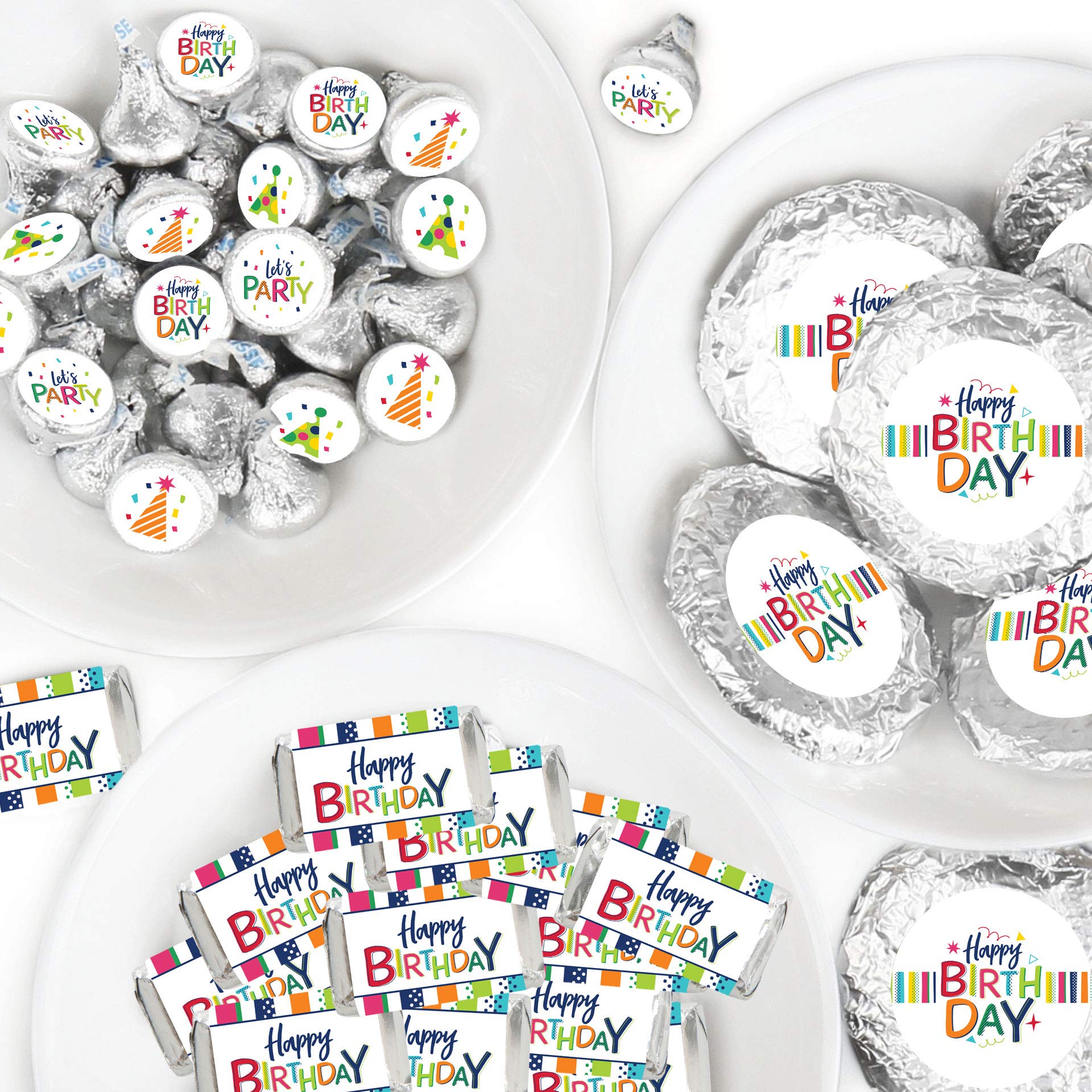 Happy Birthday Candy Wrappers & Stickers Kit - 304 Pieces Colorful Party Favors for Birthdays, Celebrations, Baby Showers & DIY Crafts - Big Dot of Happiness Cheerful Mini Candy Bar Wrappers with Round Stickers