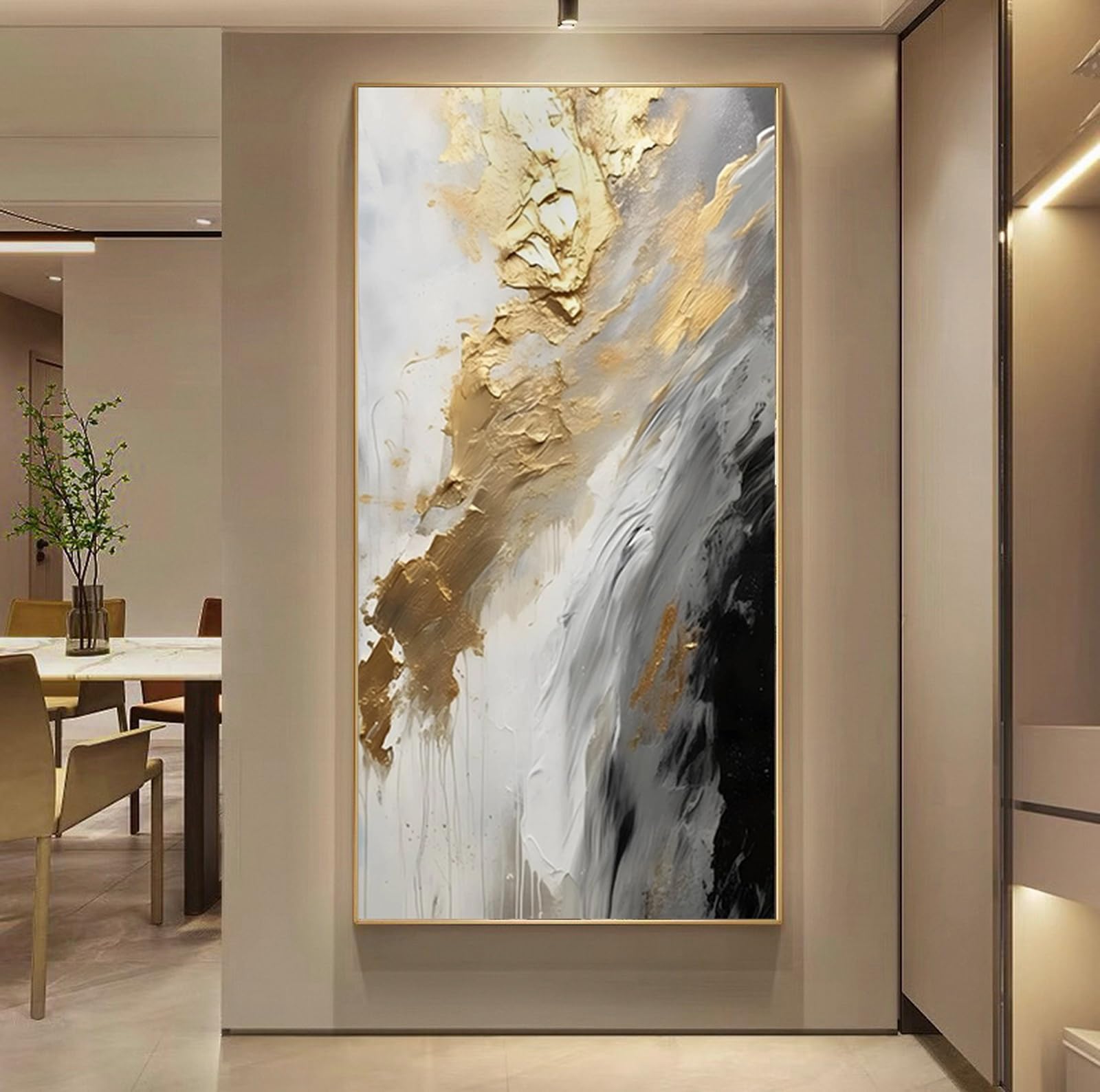 Hand-Painted Gold Abstract Oil Painting on Canvas - Framed White & Black Wall Art (24x48 Inch) for Living Room, Bedroom, Kitchen & Entrance Hall Decor | Large Modern Home Decoration Picture for Wall Display & Interior Design