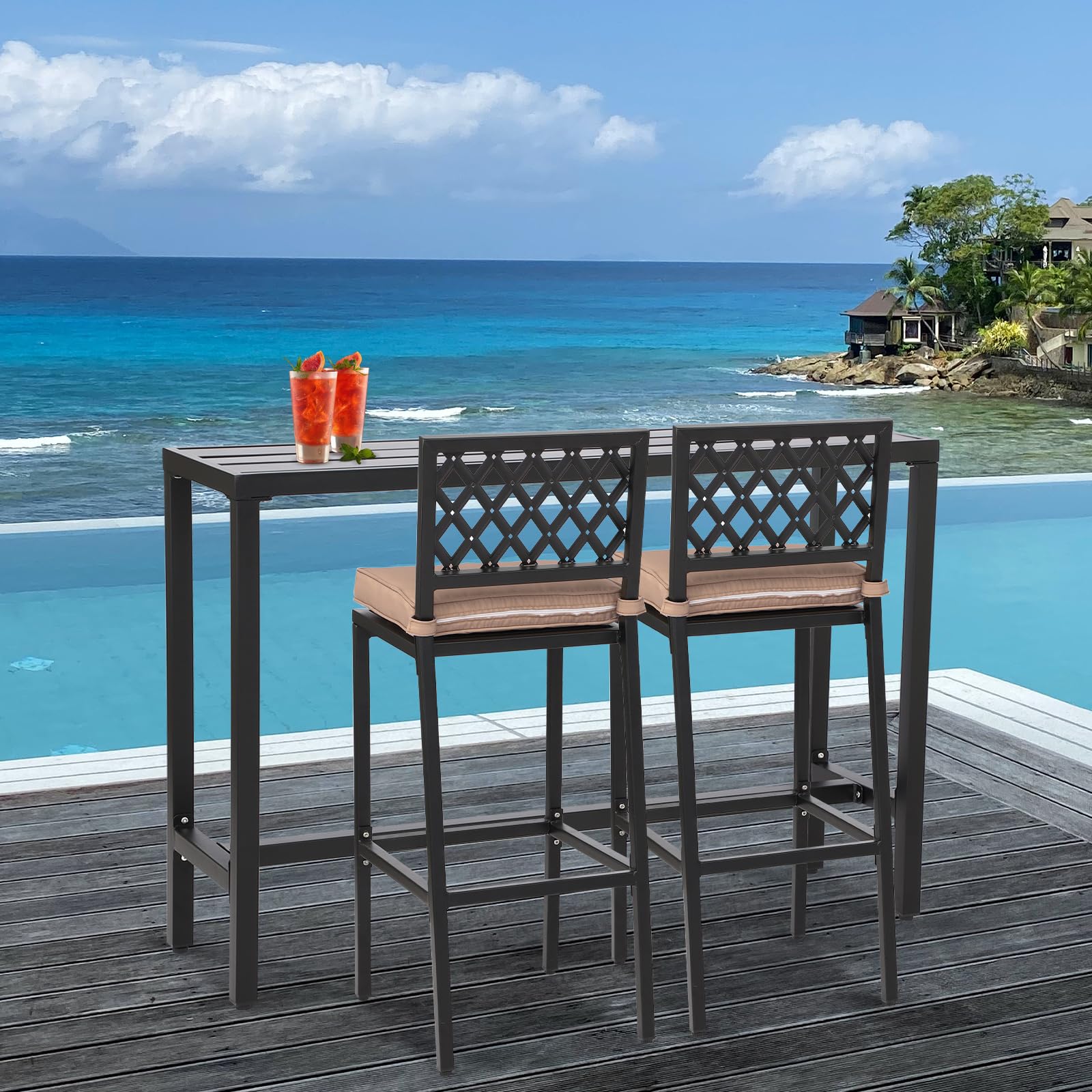 3-Piece Outdoor Bar Table and Chairs Set with Cushioned Stools - 55