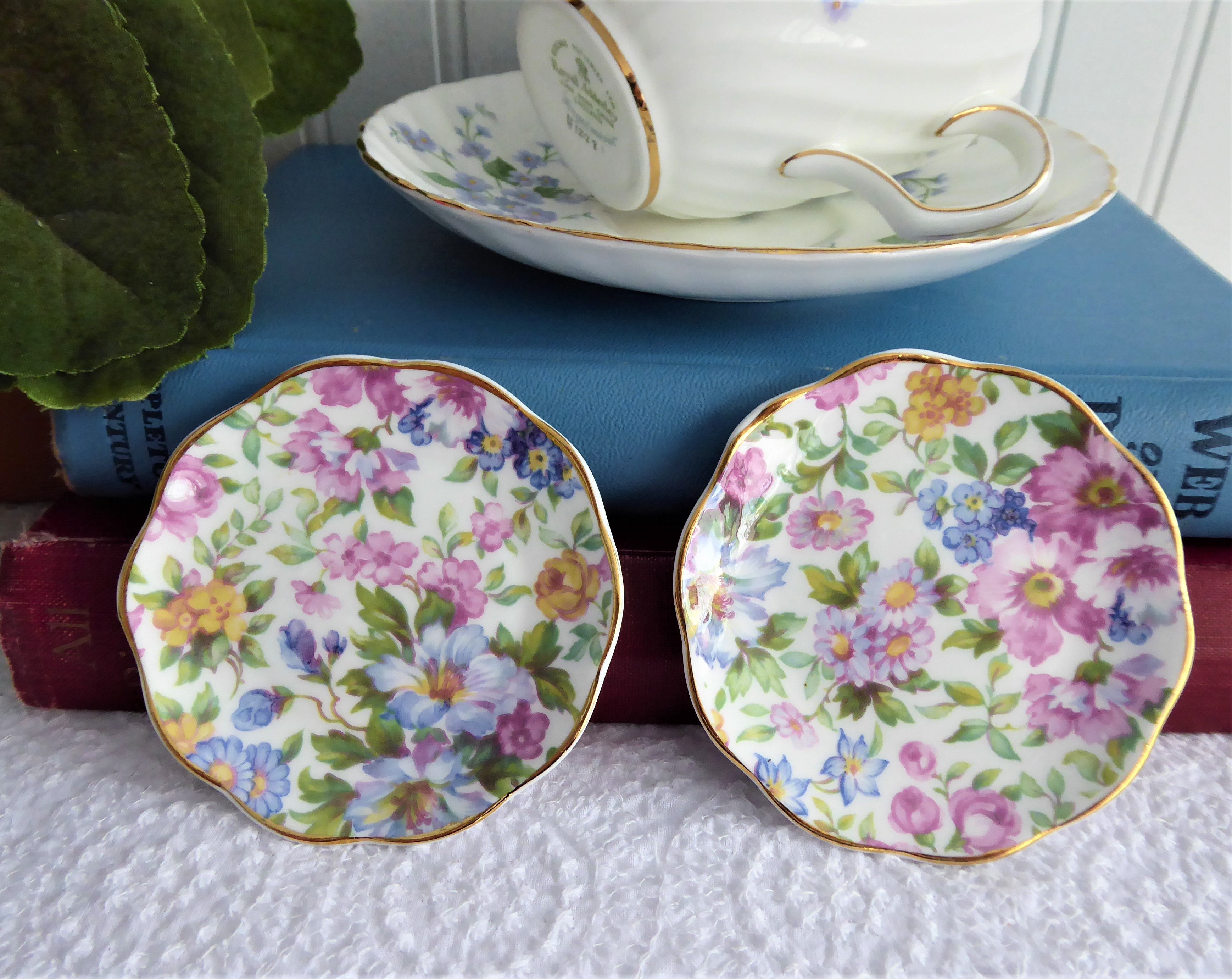 Elegant Floral Bone China Tea Bag Caddies & Butter Pats - Vintage Chintz Design for Afternoon Tea, Kitchen Storage & Summer Entertaining