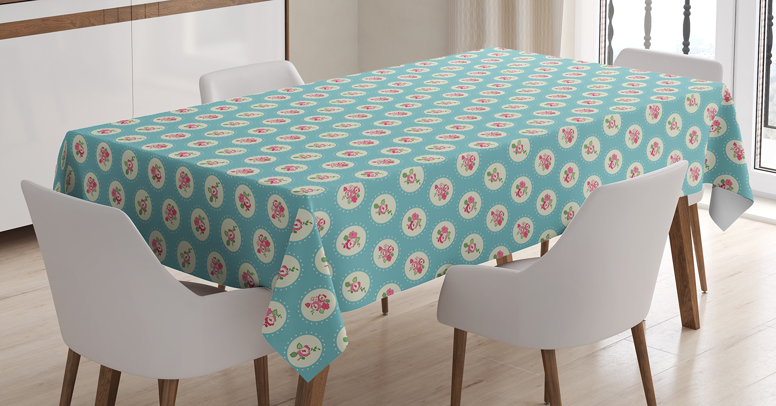Ambesonne Shabby Floral Tablecloth - Circular Flower Pattern, Spring Nature Design, Rectangular Dining Table Cover for Kitchen & Home Decor, 60