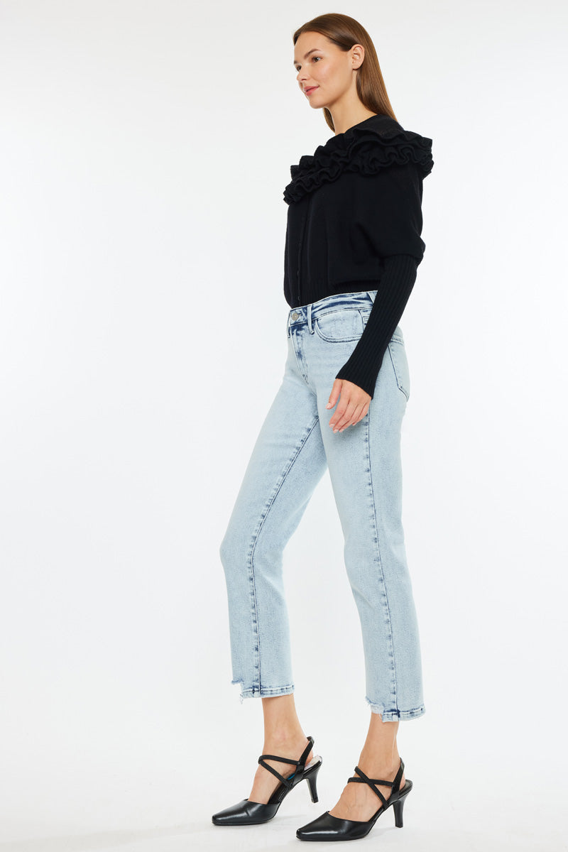 Pam Essentials Mid Rise Crop Straight Jeans - Women's High Waisted Stretch Denim Pants for Casual Wear & Everyday Outfits