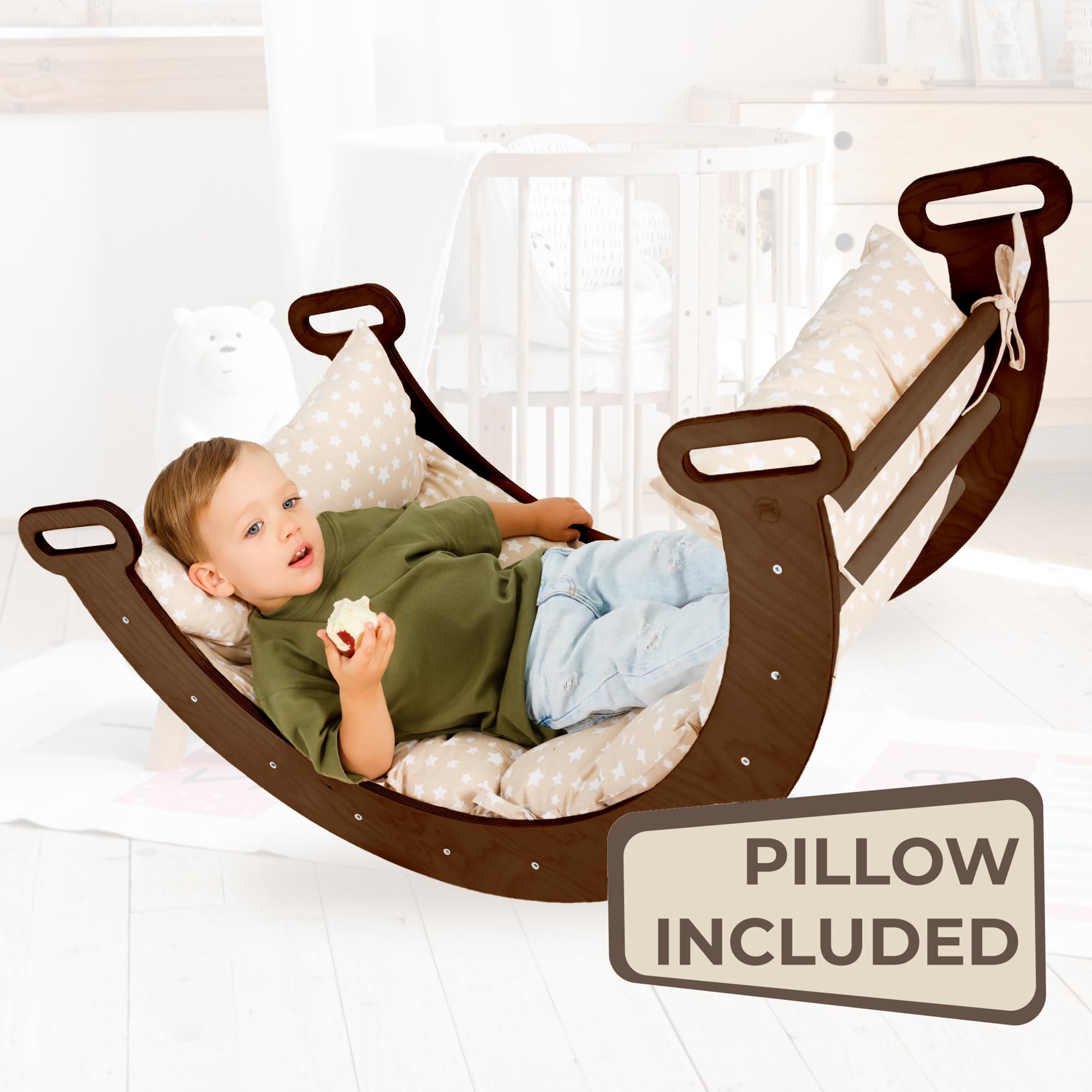 Montessori Climbing Set 4-in-1 for Kids - Wooden Climbing Triangle, Ramp, Arch & Ladder with Soft Choco Pillow | Indoor Play Equipment for Toddler Development & Home Gym