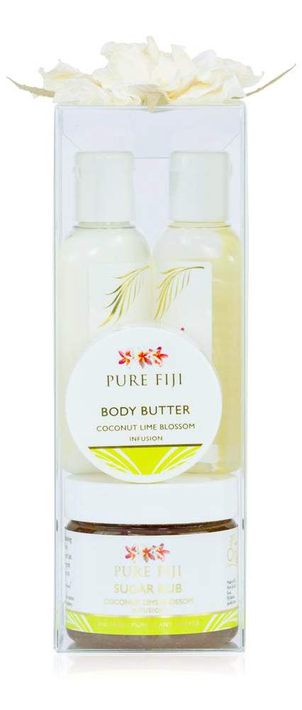 Pure Fiji Spa Gift Set for Women & Men - Coconut Lime Blossom Body Care Kit with Sugar Scrub, Bath Oil, Body Butter & Lotion | Perfect for Relaxation, Self-Care & Romantic Gifts