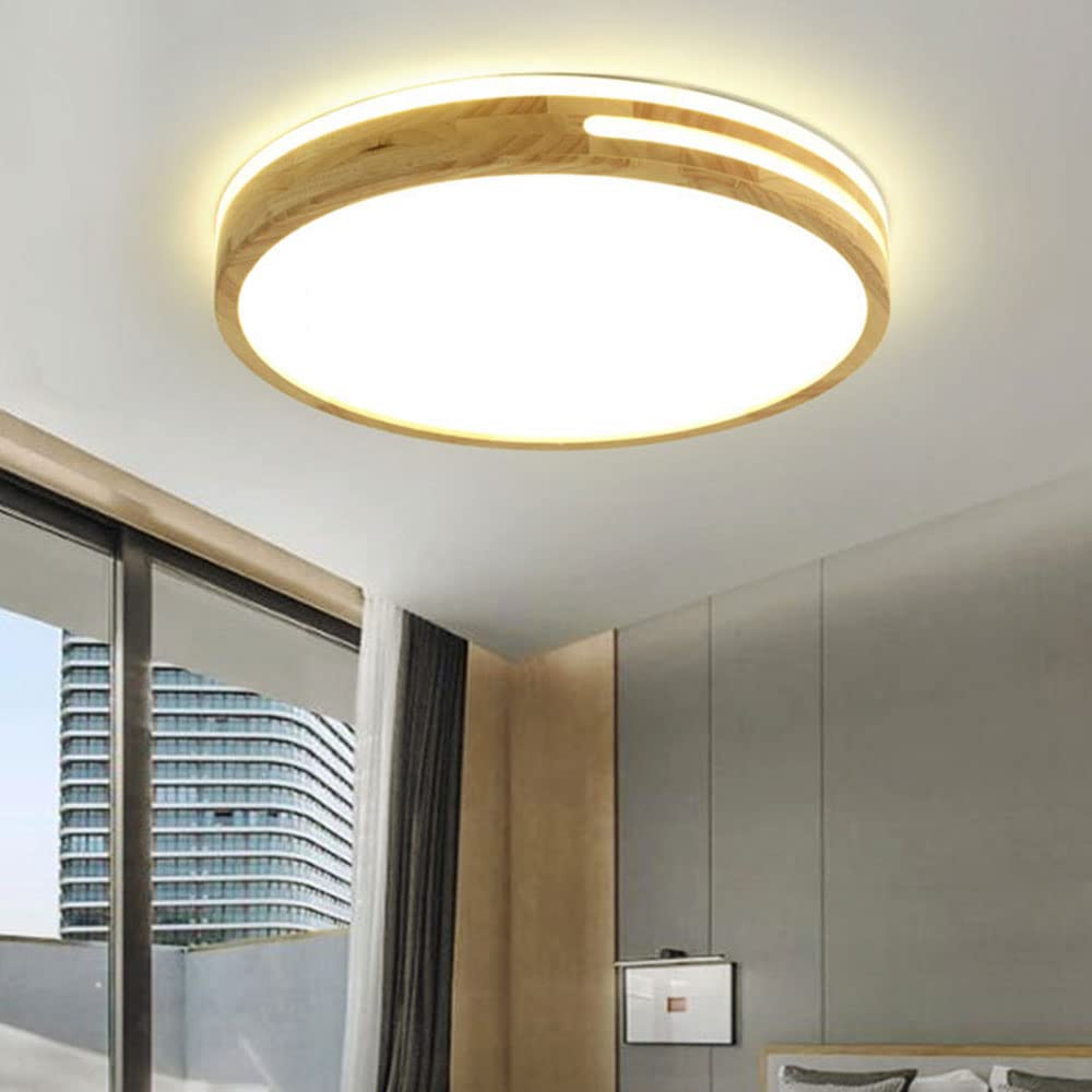 Modern Ultra Thin Wooden Round LED Ceiling Light - Flush Mount Indoor Lighting Fixture for Living Room, Bedroom, Kitchen - Log Color - Energy Efficient & Dimmable for Cozy Home Ambiance