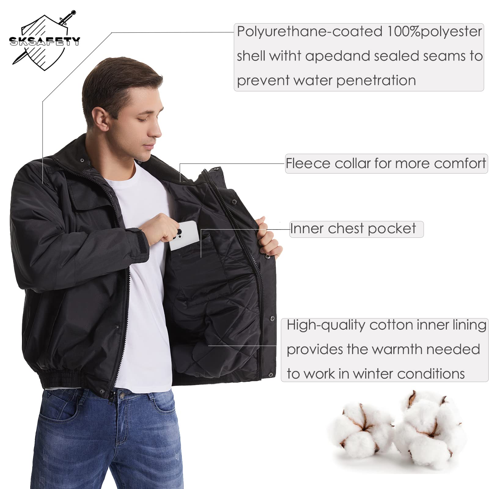 SKSAFETY High Visibility Reflective Waterproof Safety Jacket for Men with Pockets - Black Winter Work Construction Coat for Cold Weather - Large Size (1 Pack) - Ideal for Road Workers, Construction Sites & Outdoor Winter Activities