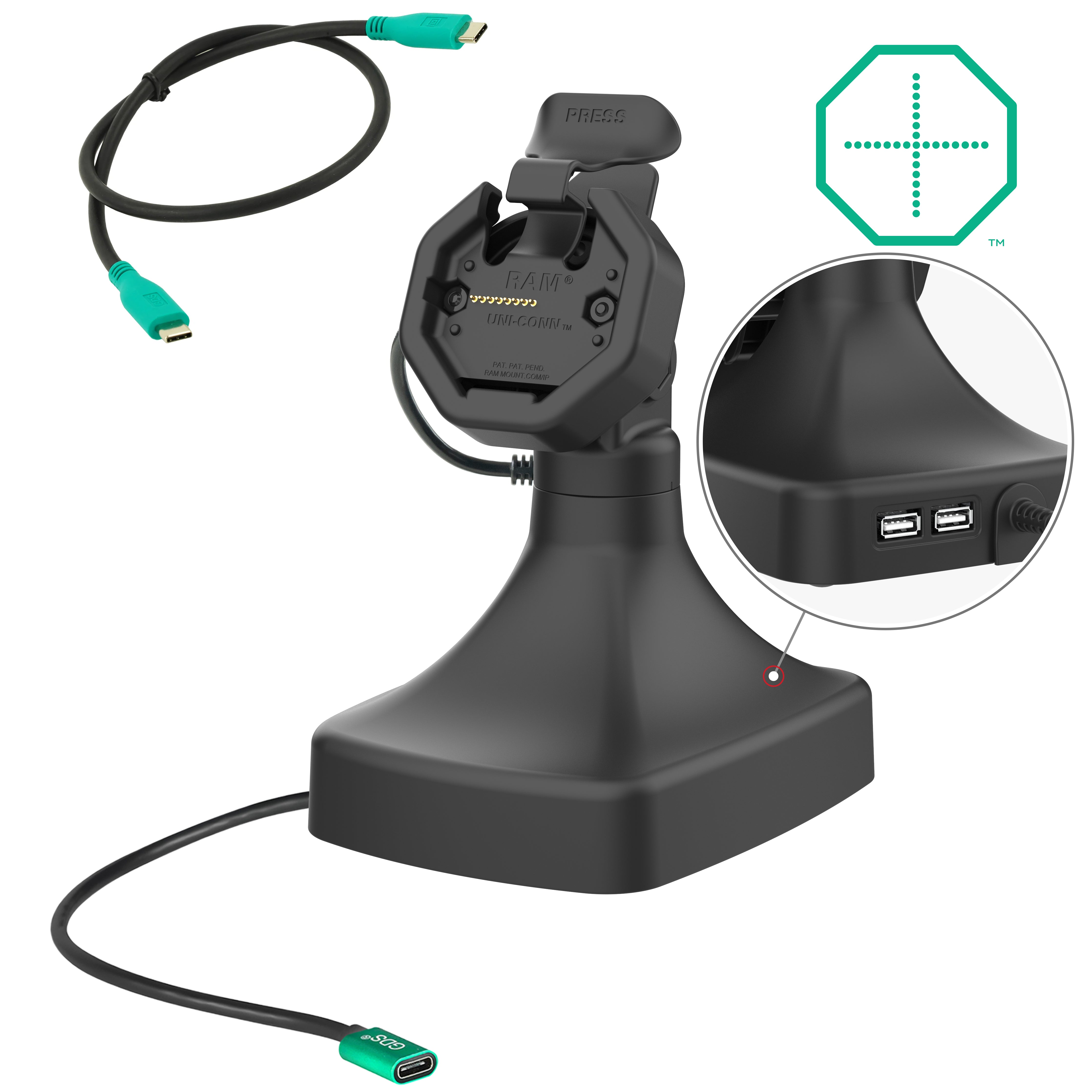 GDS® Uni Conn™ Powered Tilt & Swivel Dock with USB-C & Data Ports - RAM GDS DOCK D14 U3C 2A - Perfect for Home Office & Workspace Connectivity