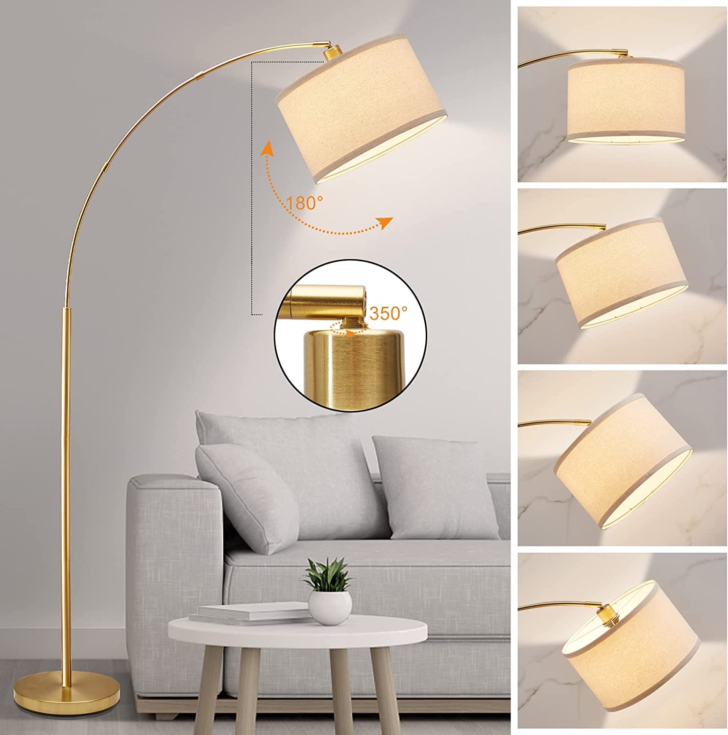 Modern Gold Arc Floor Lamp for Living Room - Adjustable Hanging Drum Shade with Tall Pole & Foot Switch - Over Couch Arched Reading Light for Bedroom, Office, Study - LED Bulb Not Included - Perfect for Cozy Reading Nooks & Contemporary Home Decor